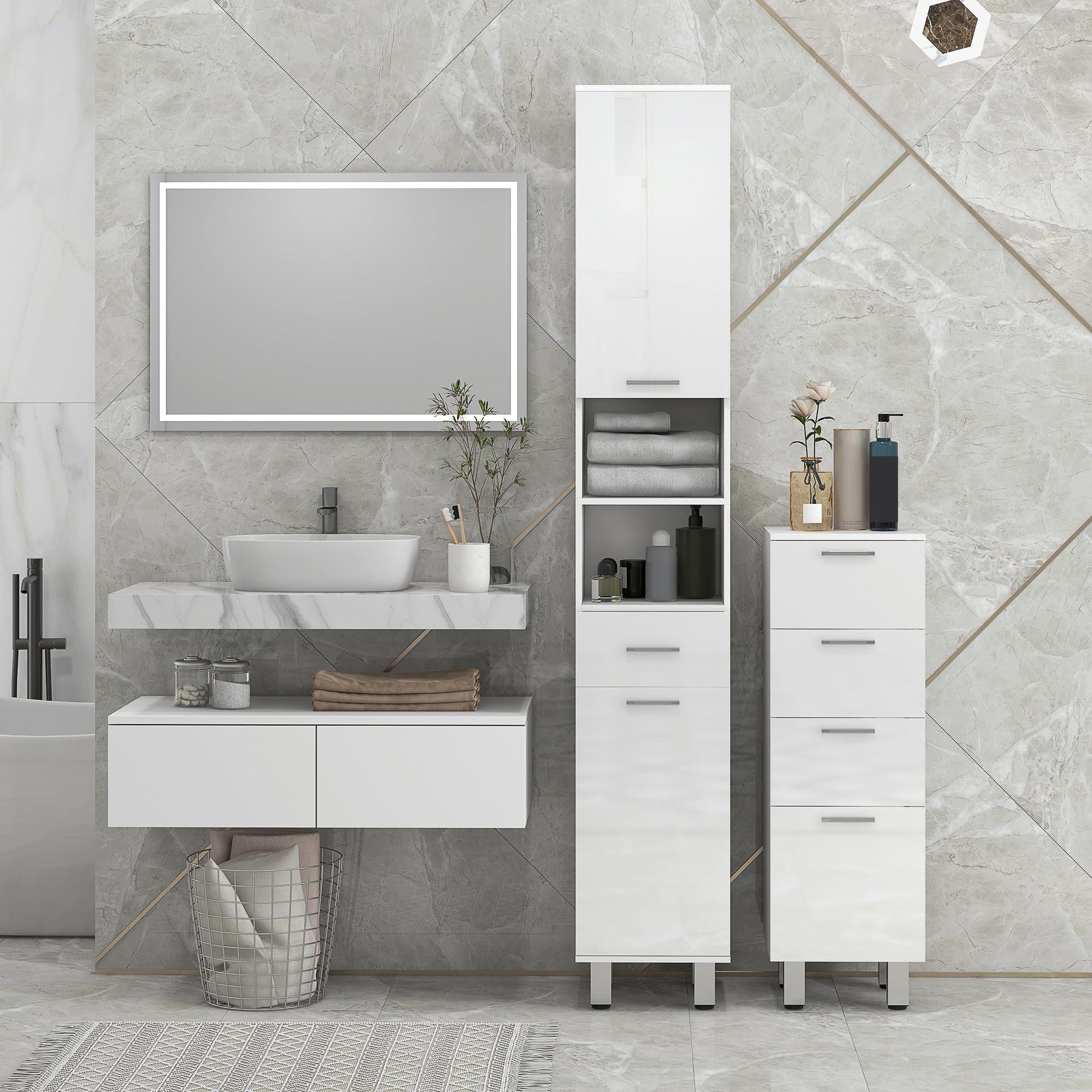 kleankin Mobile Bagno Salvaspazio con 4 Cassetti e Base Rialzata, Mobiletto da Bagno in Legno con Piedini, 30x30x93 cm, Bianco