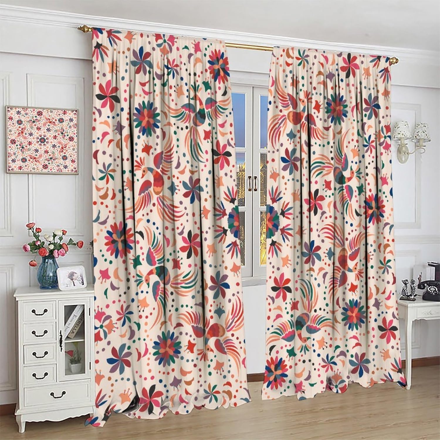 Beige Mexican Curtains, Boho Style Ethnic Flower Bird Print Blackout Window Drapes, Retro Colorful Fabric Thermal Insulation Window Treatments for Living Room Bedroom Kitchen 42x45 Inch