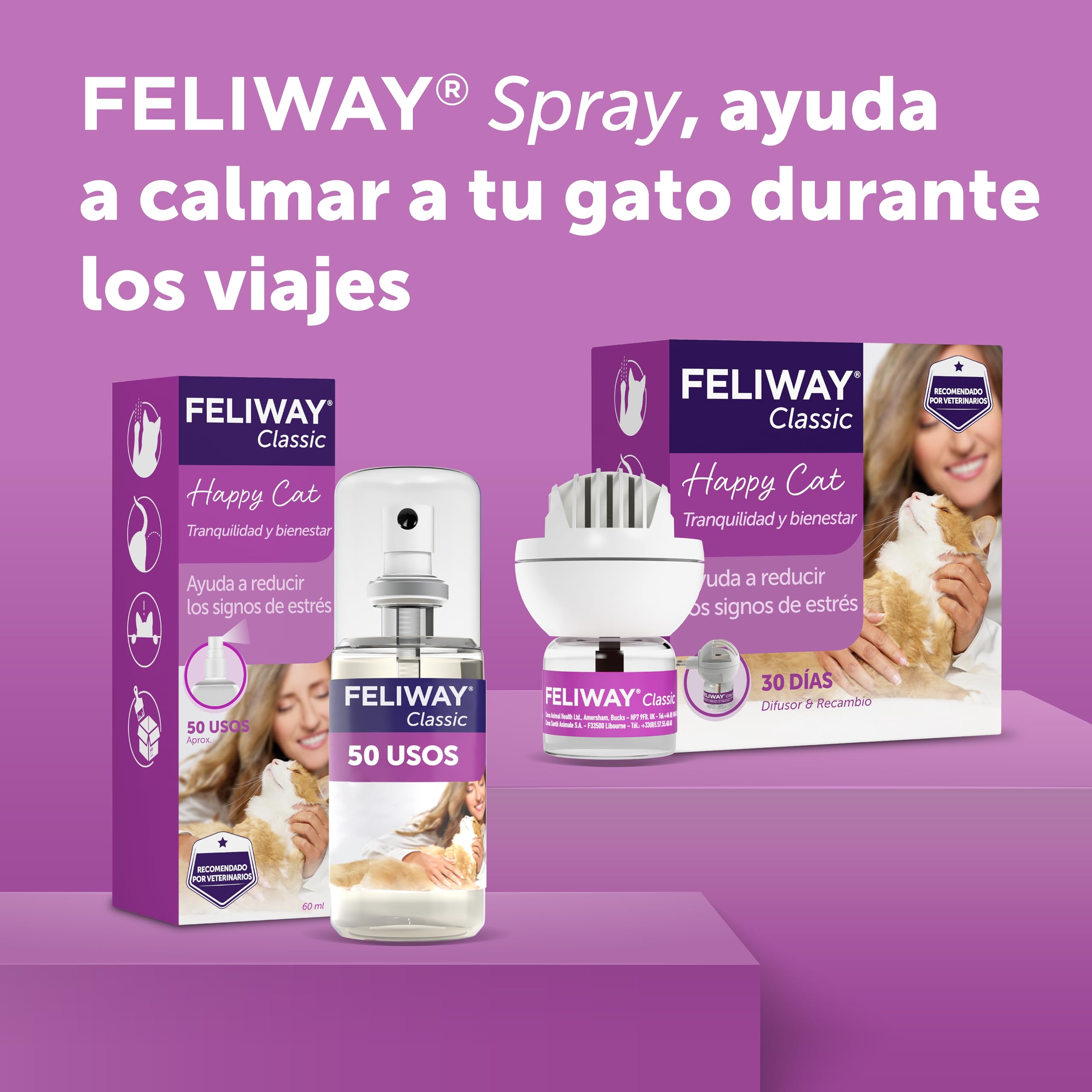 FELIWAY Classic Spray - Feromonas calmantes para gatos (60ml). Reduce los marcajes con orina y el estrés durante los viajes en transportín. Recomendado por veterinarios.