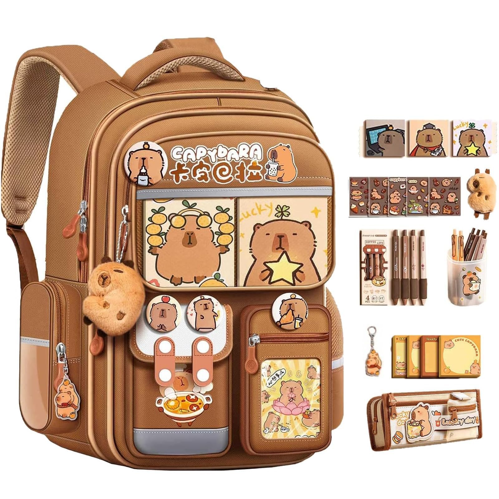 Capybara Sac à Dos pour L'école, Capybara Sac D'école avec Bandes Réfléchissantes, Cartable Kawaii pour Filles avec Kawaii Accessoires, Cartable Fille Primaire Capybara
