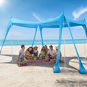 Beach Tent Sun Shelter, Beach Shade Canopy UPF50+, 10x10ft Canopy Tent with 8 Sandbags, Sand Shovels, Ground Pegs & Stability Poles, Pop Up Shade Tent for Beach, Camping, Fishing