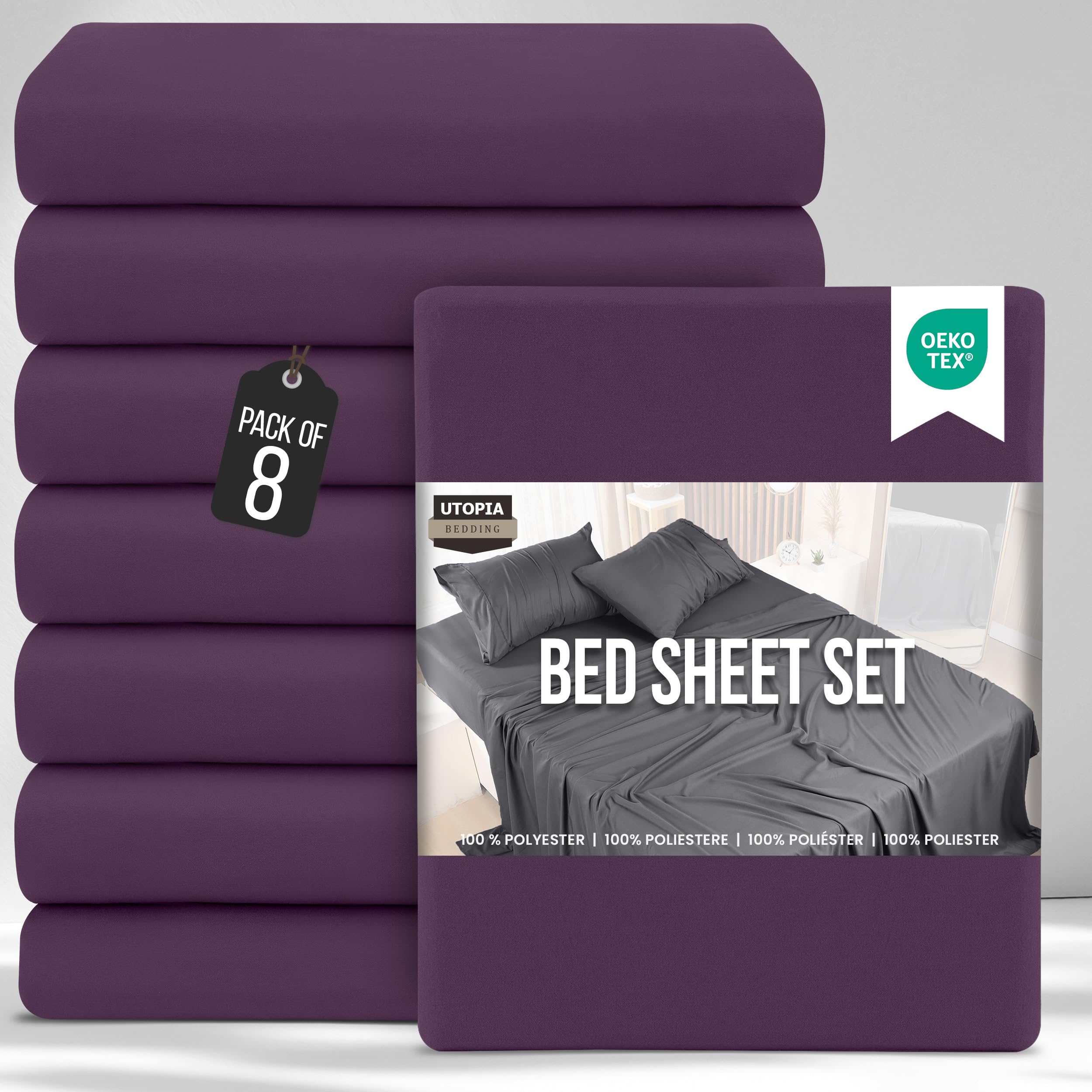 Utopia Bedding Bed Sheets Set Bulk Pack of 8 (Double, Purple) – Fitted Sheet, Flat Sheet with Pillow cases 50x75 – Wrinkle, Shrinkage & Fade Resistant – Soft Brushed Polyester Microfiber Fabric