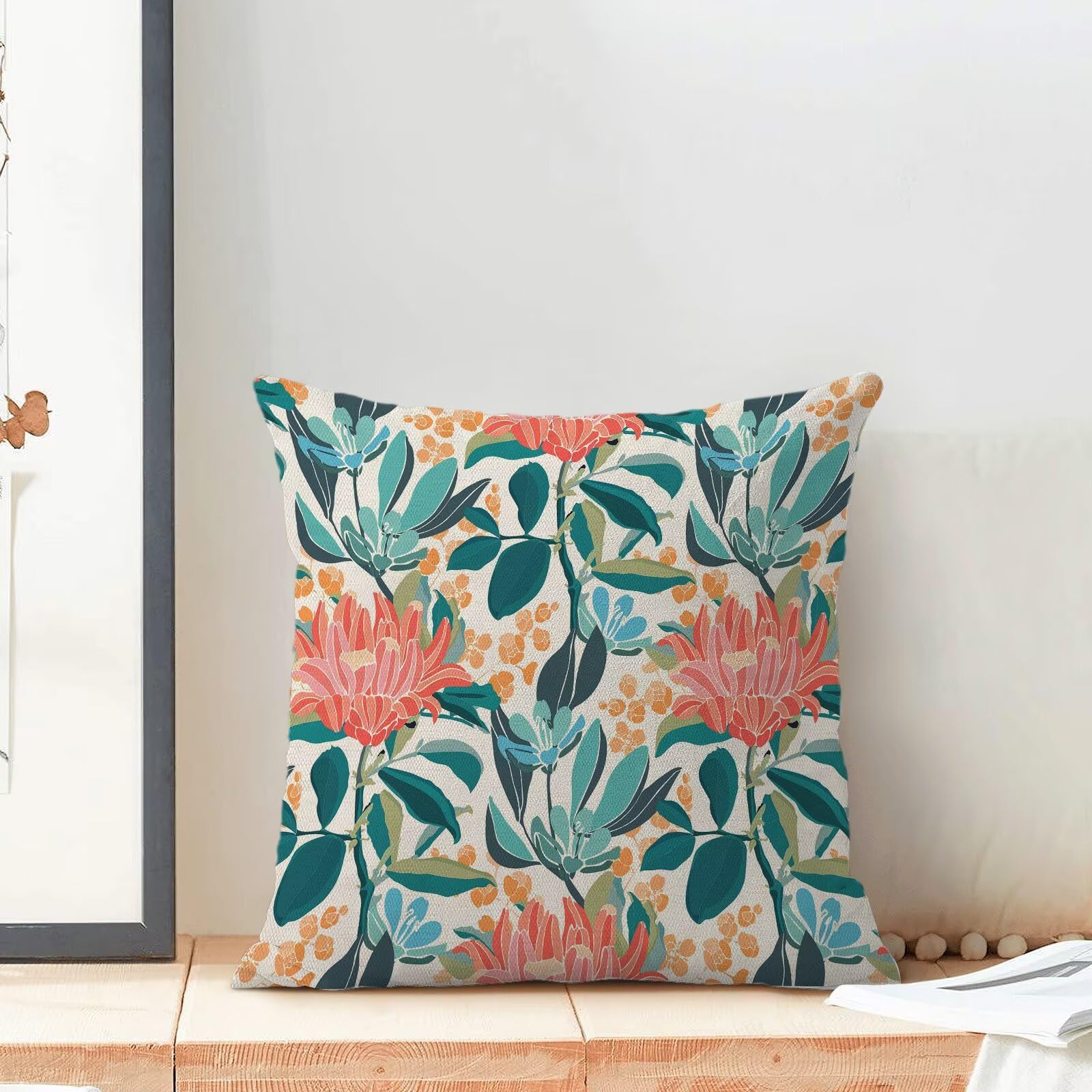 Juego de 2 fundas de almohada florales de coral de 20 x 20 pulgadas, color turquesa y naranja con flores decorativas para exteriores, color verde azulado, funda de cojín floral colorida para 3