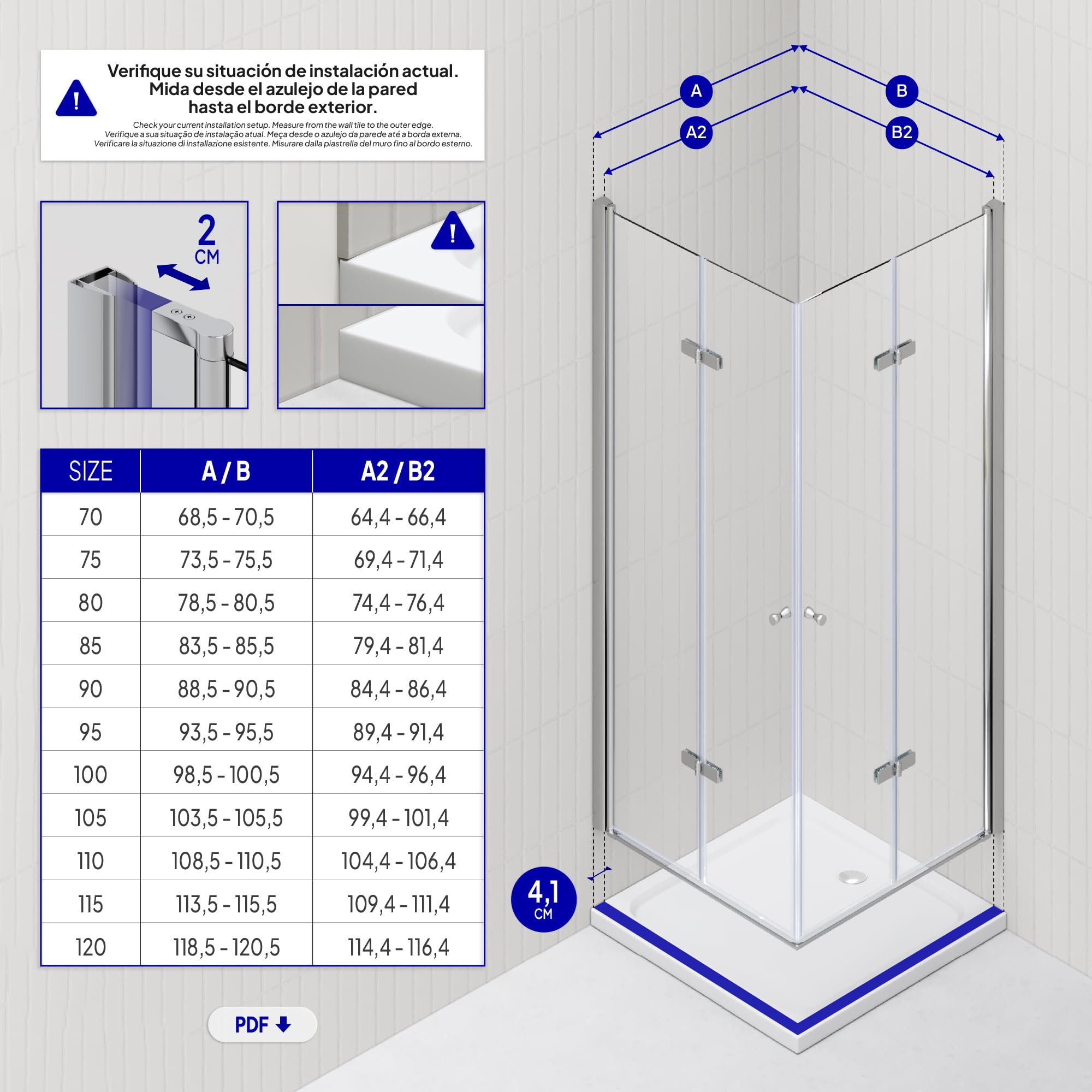 Mampara de Ducha Emma-75x75x180cm|REVERSIBLE|Puertas Plegables, Ajuste 73,5-75,5x73,5-75,5cm|Perfiles Cromo, Cristal Templado Transparente 6mm