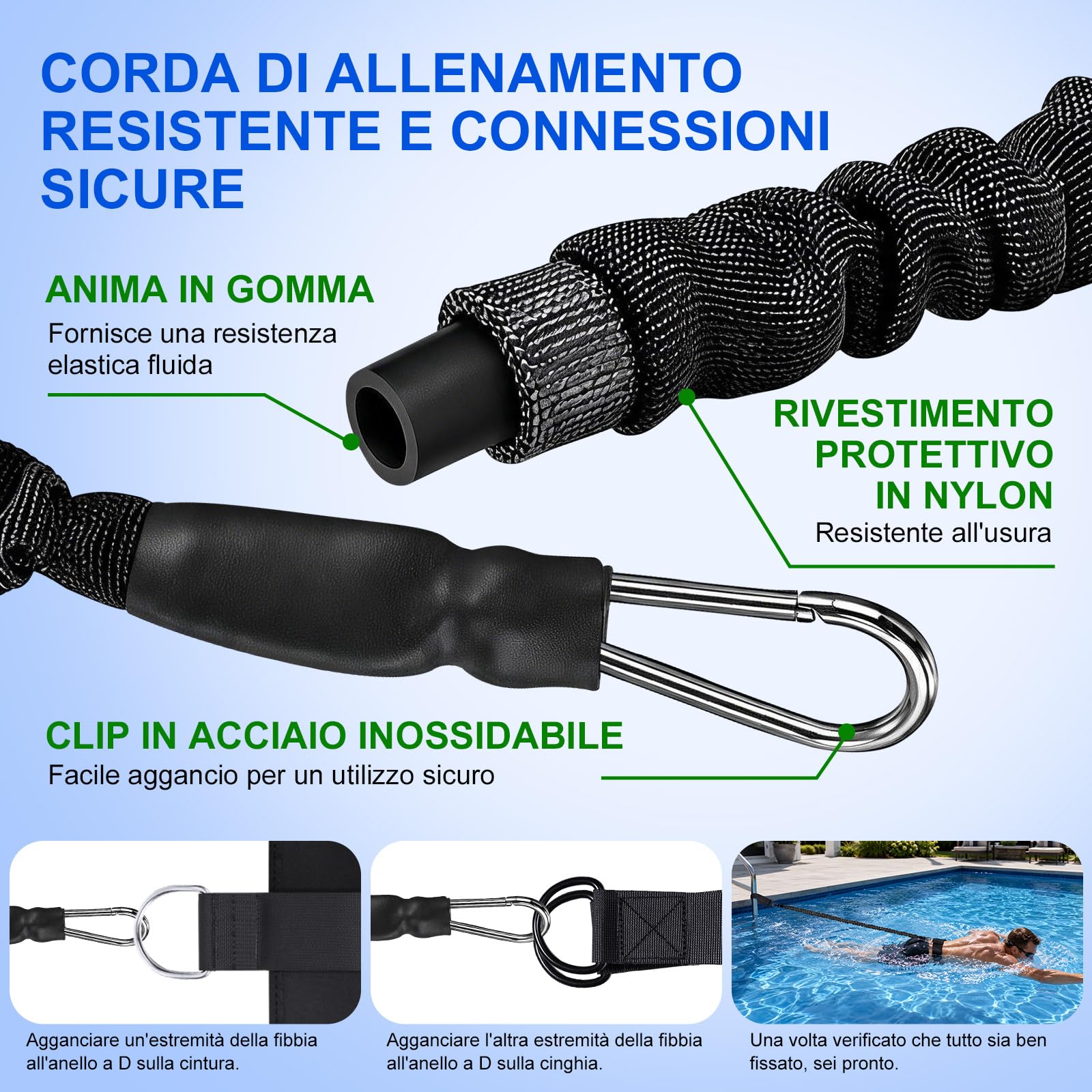 Guinzaglio da nuoto per piscina, cintura per allenamento di nuoto, guinzaglio per nuoto, nuoto fisso, regolabile da 2,5 a 7,5 m