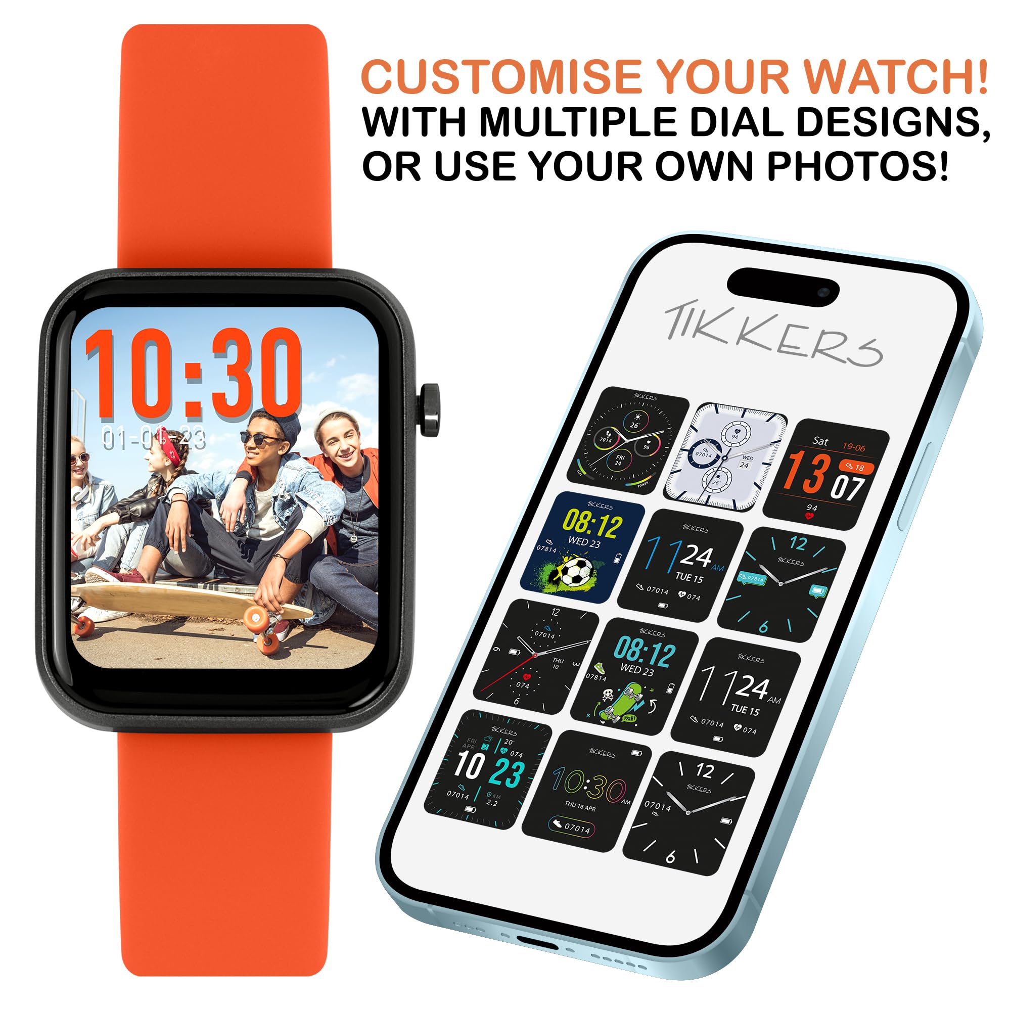 Tikkers Kids Series 13 Smart Watch con Fitness Tracker, sveglia, fotocamera, connessione GPS, cardiofrequenzimetro, contapassi, touch screen, cinturino in silicone arancione, Arancione, misura unica