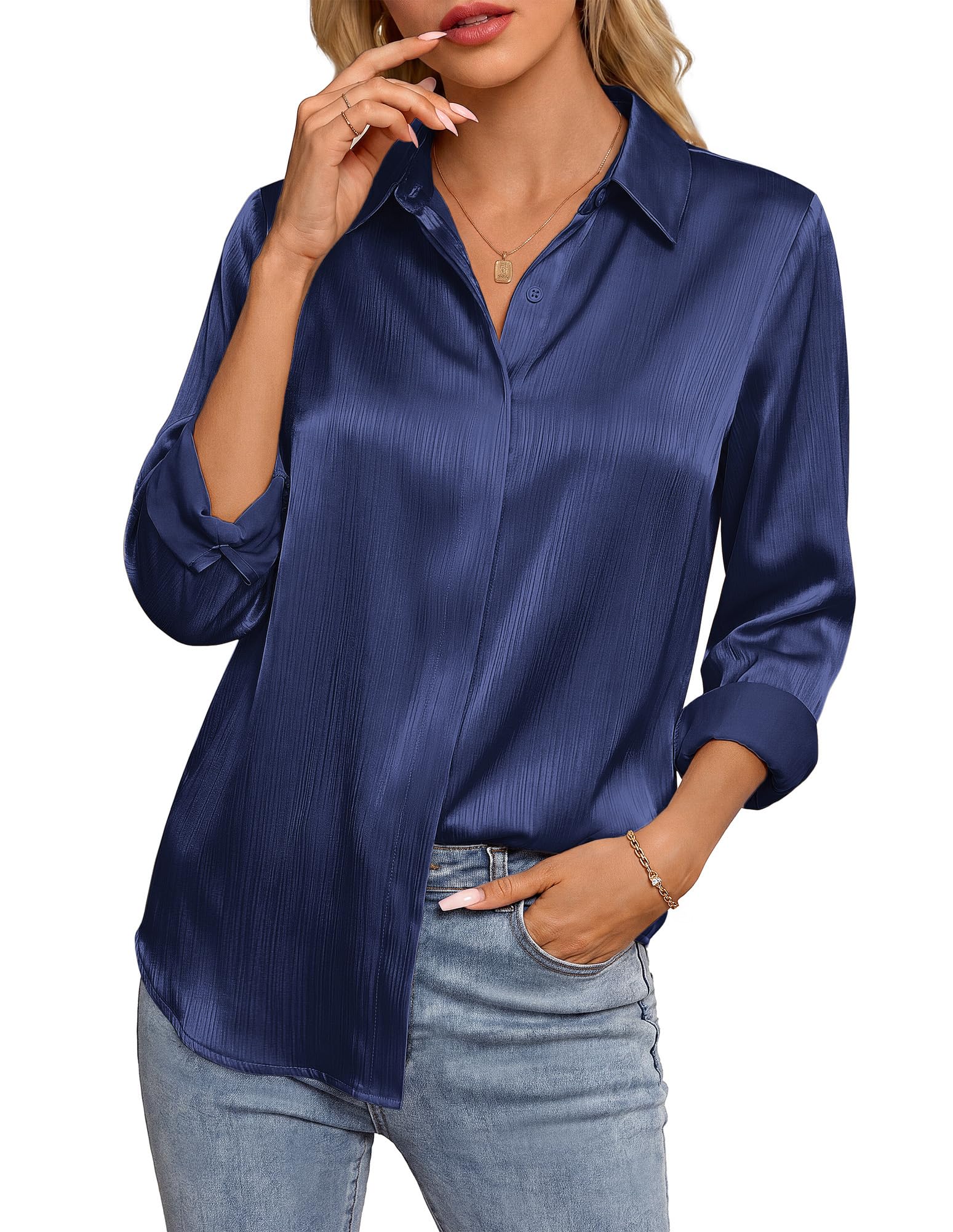 GRACE KARIN Womens Silky Satin Button Down Shirts