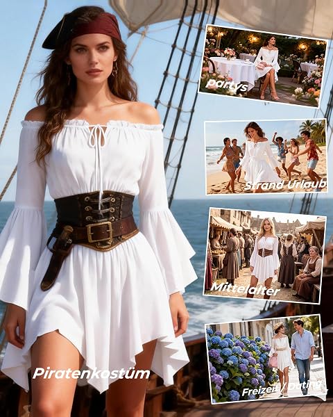 LUYANA Piratenkostüm Damen Mittelalterliches Kleid, Schulterfrei Renaissance Steampunk Stil, Halloween Cosplay Karneval Kostüm - 5