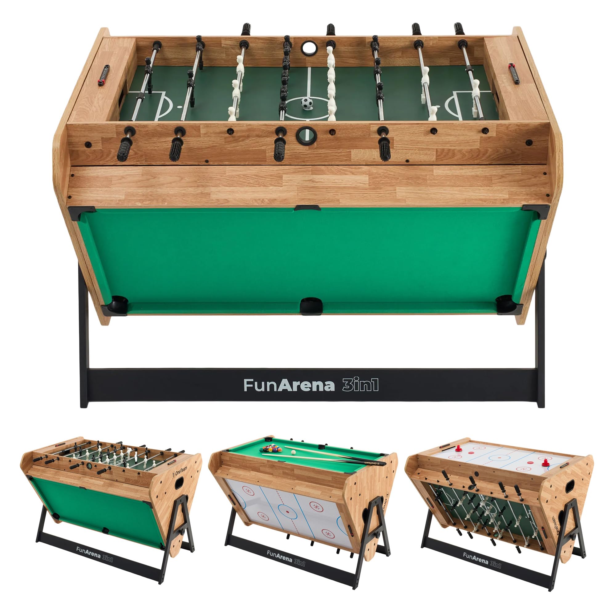OneTeam FunArena 3en1 – Mesa de juegos: futbolín, billar, air hockey; multifuncional, estable, compacta con campos de juego intercambiables, ideal para el hogar, salas comunes y salas de juegos