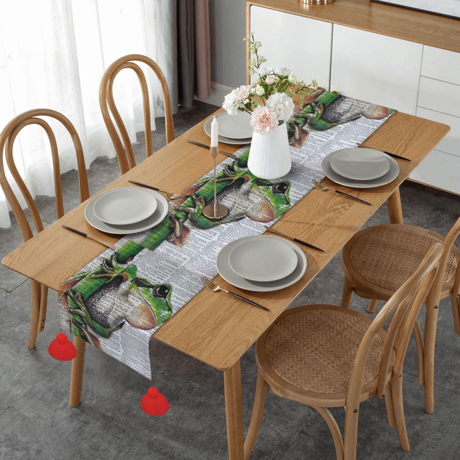 Chemin de table de Noël avec pompon et motif grenouille mignonne originale