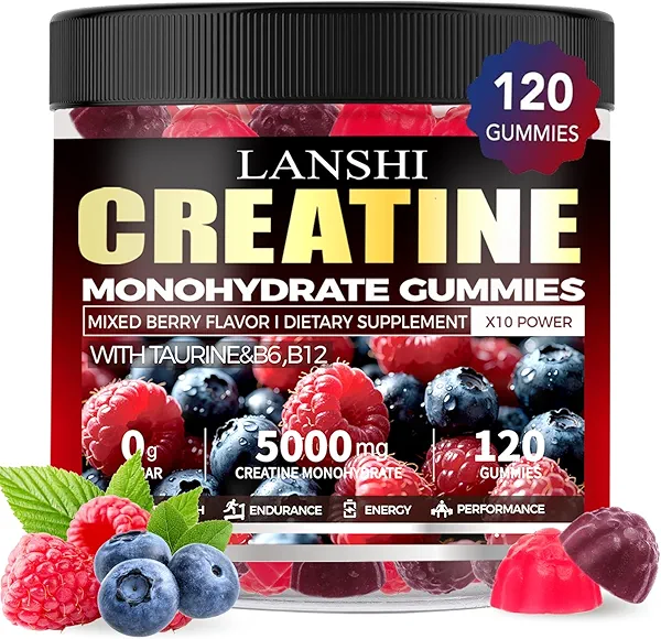 Creatine Monohydrate Gummies 5000mg - Sugar Free Pre Workout Supplement for Men & Women Muscle, Strength, Recovery, Cognitive Health & Memory, Mixed Berry Flavor, 120 Gummies