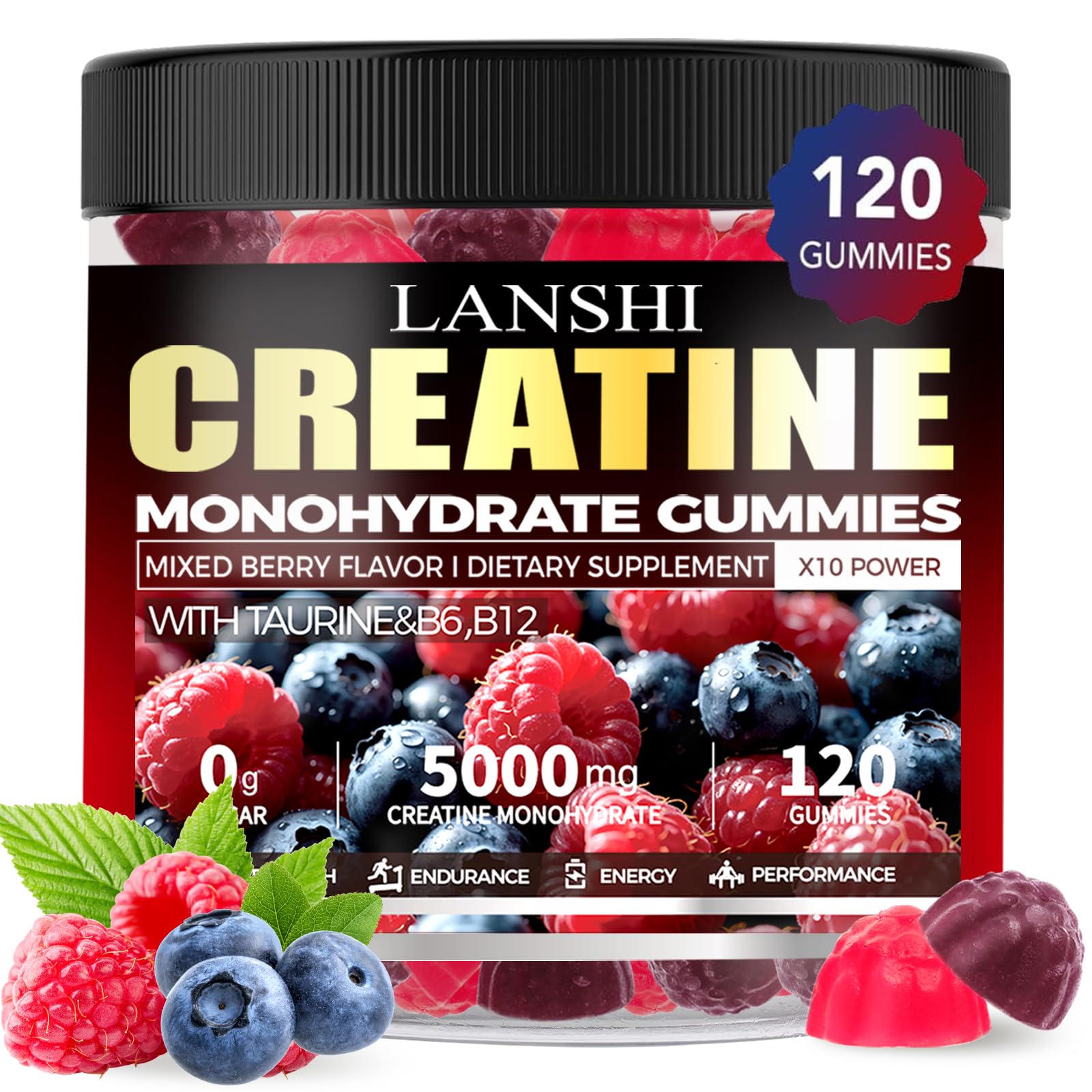 Creatine Monohydrate Gummies 5000mg - Sugar Free Pre Workout Supplement for Men & Women, Creatine Gummies for Muscle, Strength, Recovery, Cognitive Health & Memory, Mixed Berry Flavor, 120 Count
