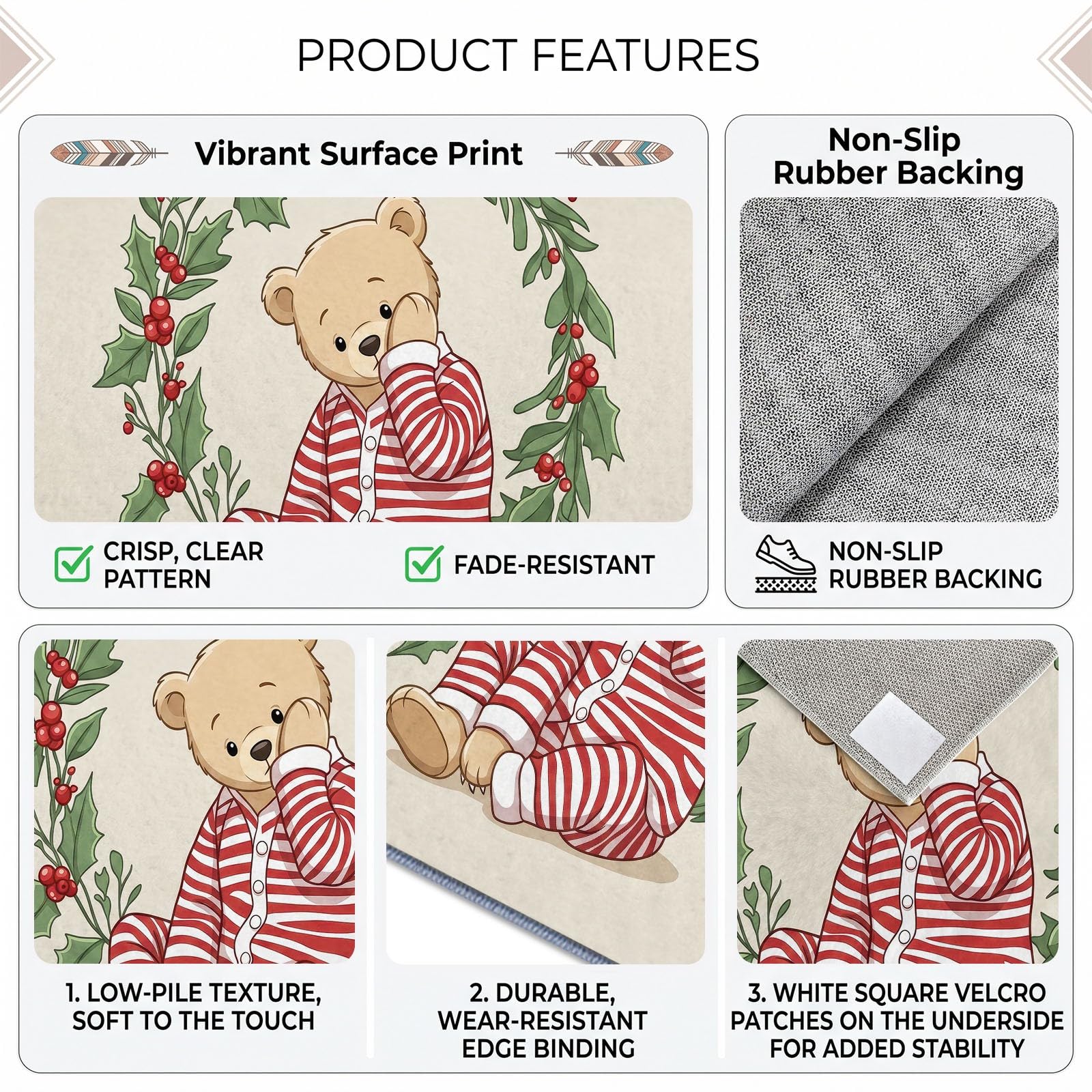 Cartoon Waschbarer Teppich 80 x 150 cm, Wohnzimmer Weihnachten Tier Teddybär rutschfest Weich Teppich für Schlafzimmer, Esszimmer, Büro