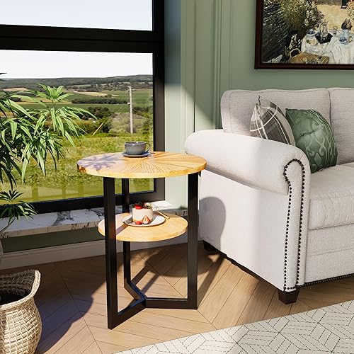 Miniatura 43 de LEEMTORIG Mesa auxiliar redonda, mesa auxiliar grande de 2 niveles con patas de metal, moderna mesita de noche para sala de estar, dormitorio, Negro