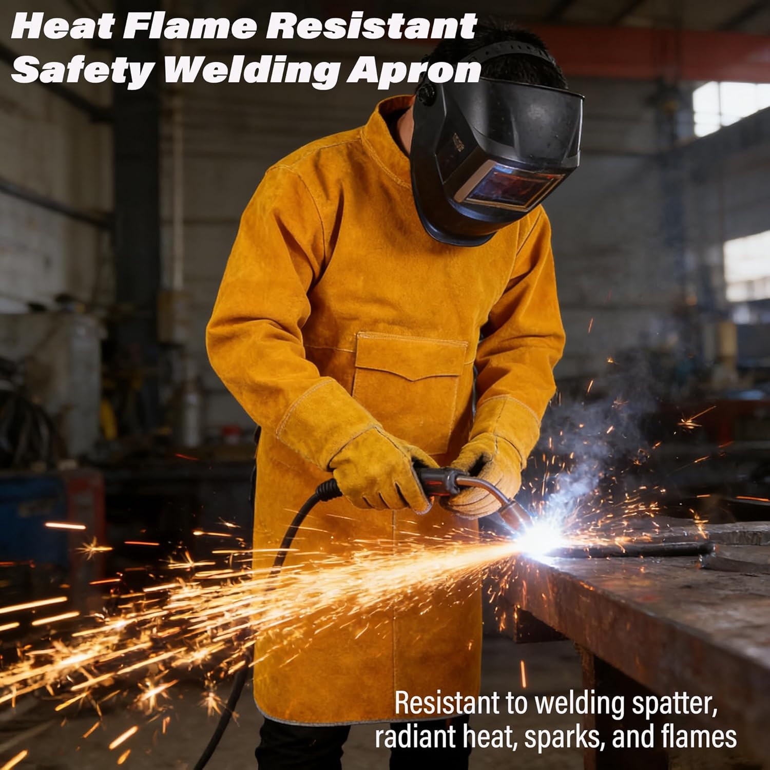 47 inch Leather Welding Jacket, Heavy Duty Heat Flame Resistant Safety Welding Apron with Sleeves & High Collar for Men Women Mechanic Blacksmiths Farrier