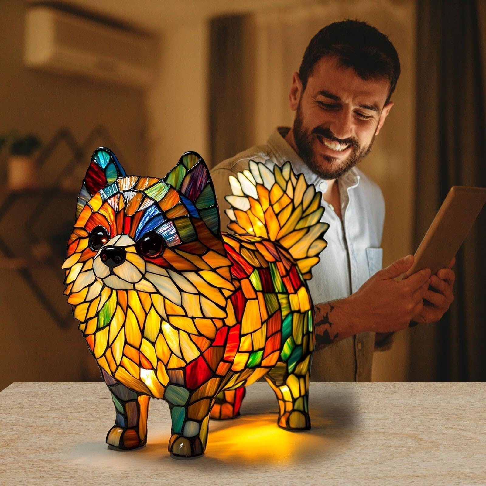 Lampe Pour Chien Style Vitrail En Résine, Veilleuse Colorée Pour Chiot