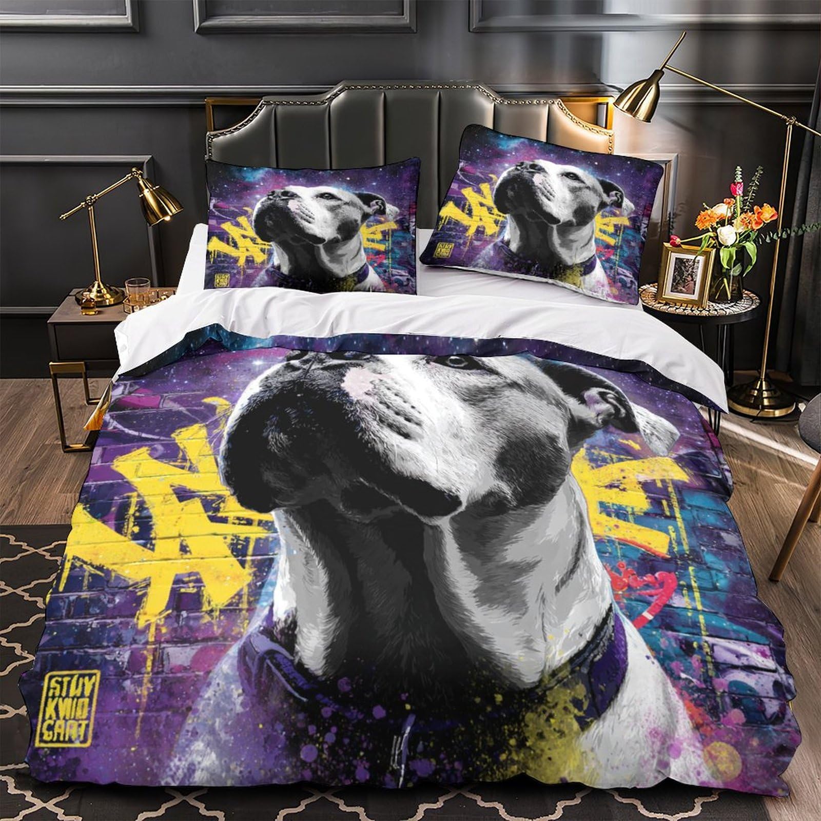 Parure de lit chien motif graffiti en microfibre super douce et résistante pour lit 1 place