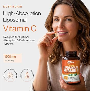 NutriFlair Liposomal Vitamin C 1700mg, 180 Capsules - High Absorption, Fat Soluble VIT C, Higher Bioavailability Immune System Support & Collagen Booster, Non-GMO, Vegan Pills