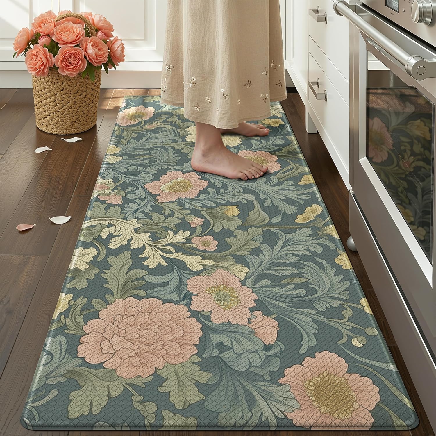 COLOR&GEOMETRY Floral Kitchen Floor Mat 60x150cm Anti Fatigue, Green