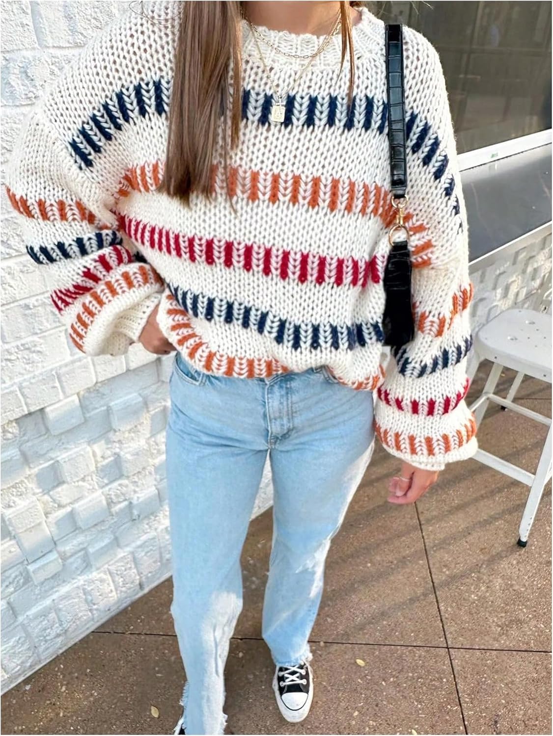 Milumia Women's Oversized Striped Long Sleeve Sweaters Drop Shoulder Crew Neck Knitted Pullover Tops - Image 2