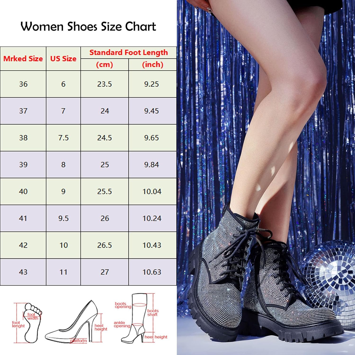 Wavyvigs Rhinestone Combat Boots Platform Chunky Heel Lace Up Ankle Boots Side Zipper - Image 2