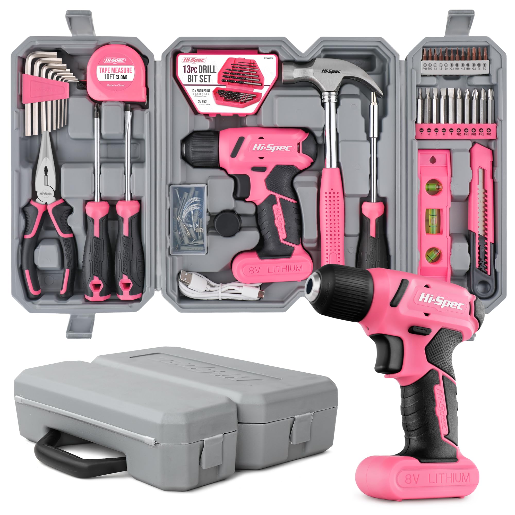Hi-Spec Perceuse Visseuse devisseuse sans Fil 8V Rose 58pc Boite a Outils Complete avec Outils de Bricolage - Embouts, Forets, Marteau, Tournevis et Plus - Travaux, Entretien et Réparations à Domicile