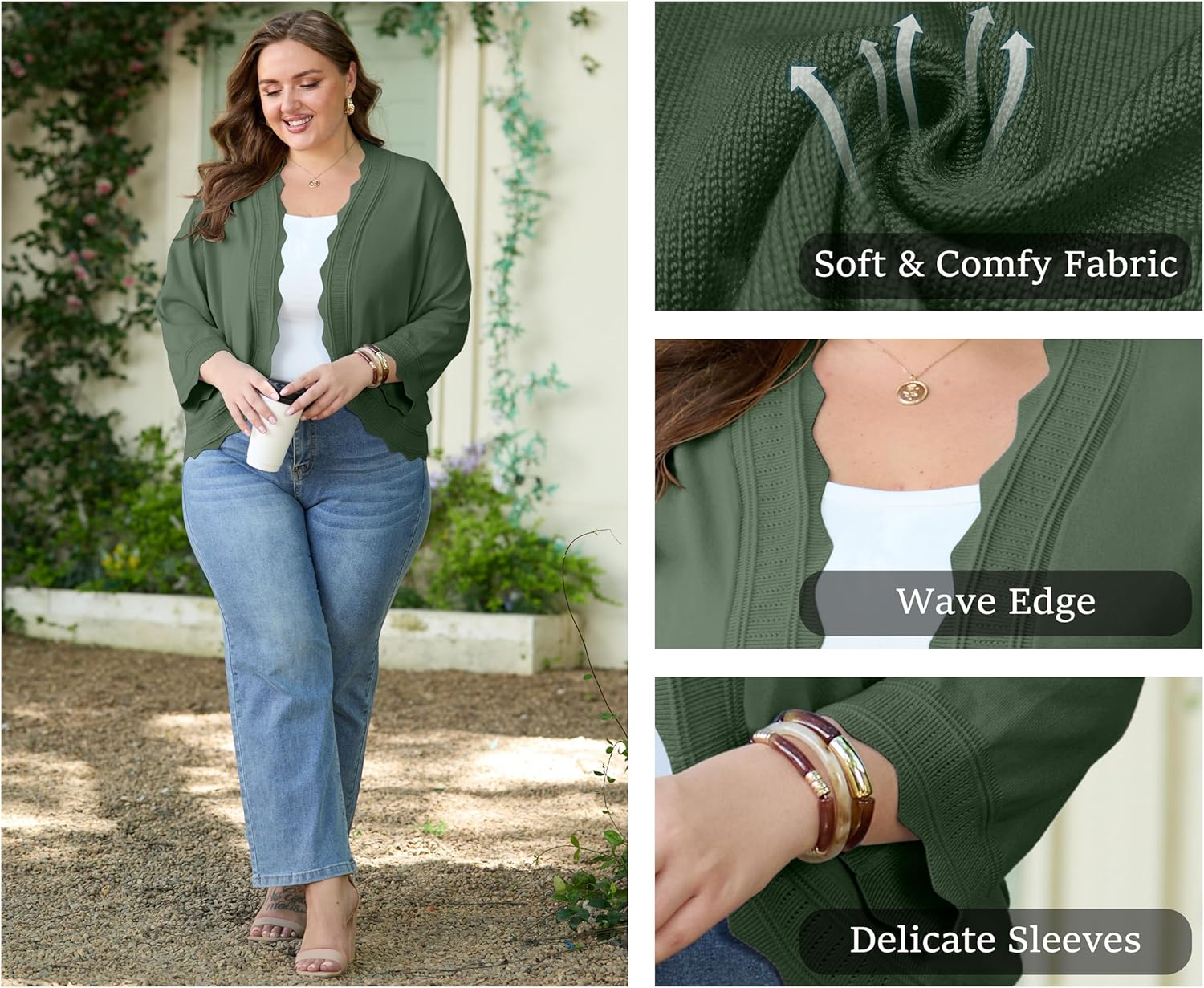 OLRIK Plus Size Cardigan for Women 3/4 Sleeve Lightweight Casual Open-Front Ribbed Wave Edges Knit Cropped Shrugs Sweaters - Image 4