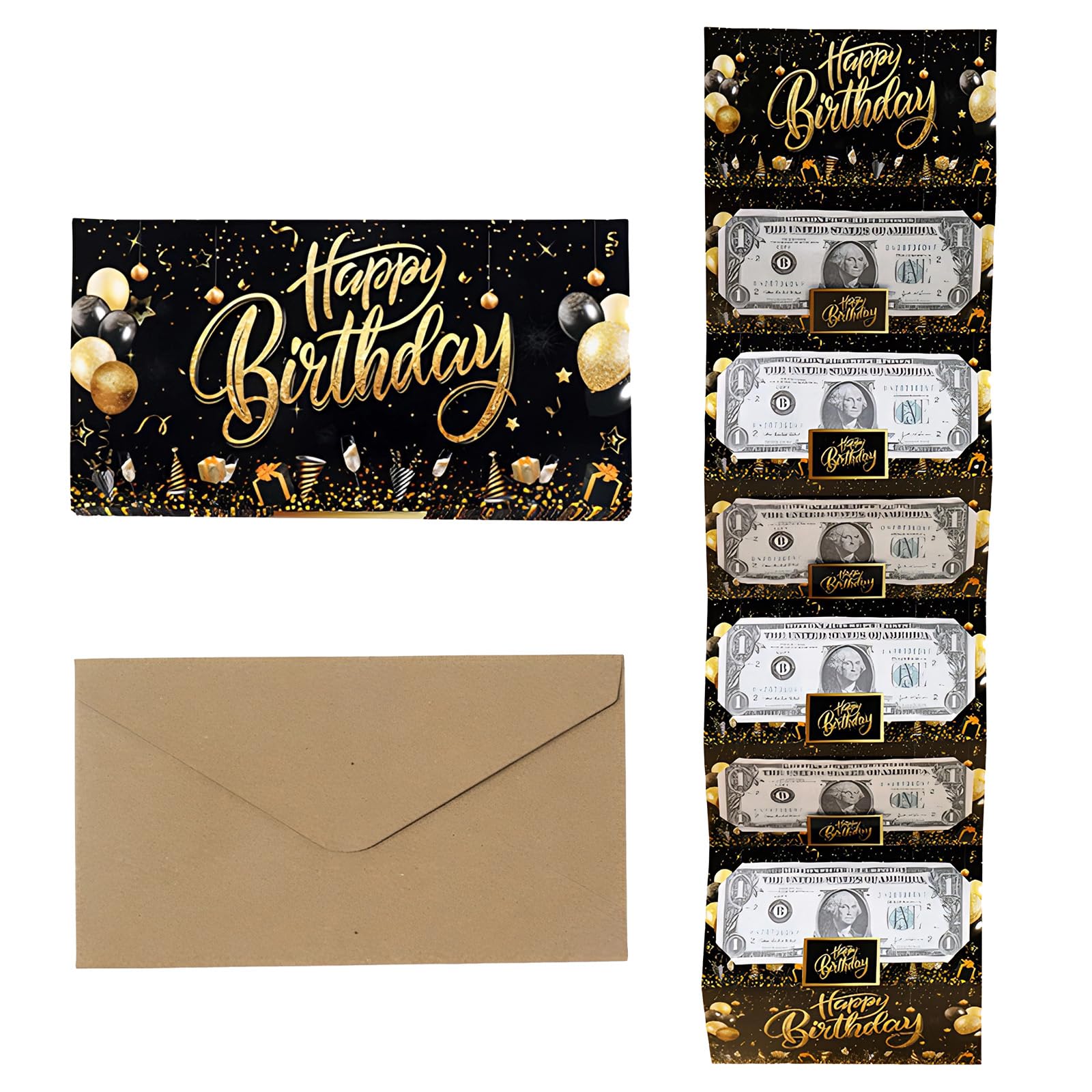 Black Money Wallets for Cash Gifts, Chic Money Gift Ideas, Sleek Birthday Money Wallet, 1 Folding Red Envelope + 1 Brown Envelope, for Men Women Girls Boys, Black Gold Money Holder (Birthday Card)