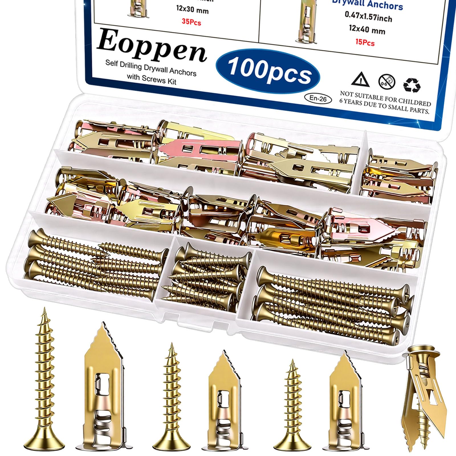 100Pcs Self Drilling Drywall Anchors with Screws Kit, 2 Sizes Sheetrock Anchors &amp; 3 Sizes Expansion Screws, Zinc Plated Steel Drywall Anchors No Drilling Required Holds Up to 66lbs