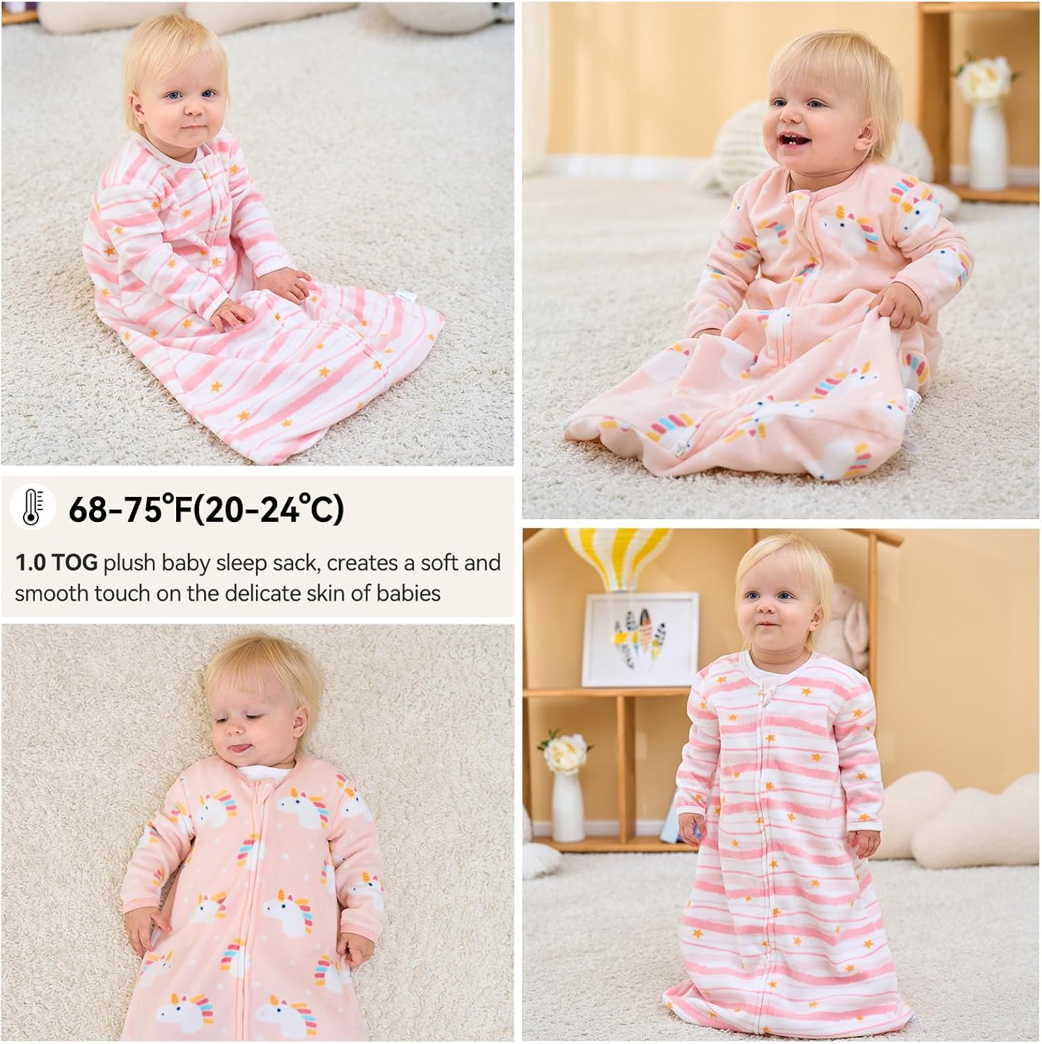 Unnivoll Fleece Baby Sleep Sack 6-12 Months Long Sleeve 1.0 Tog Baby Wearable Blanket Microfleece Sleeping Sack with 2-Way Zipper for Newborn Infant Pink & White Unicorn