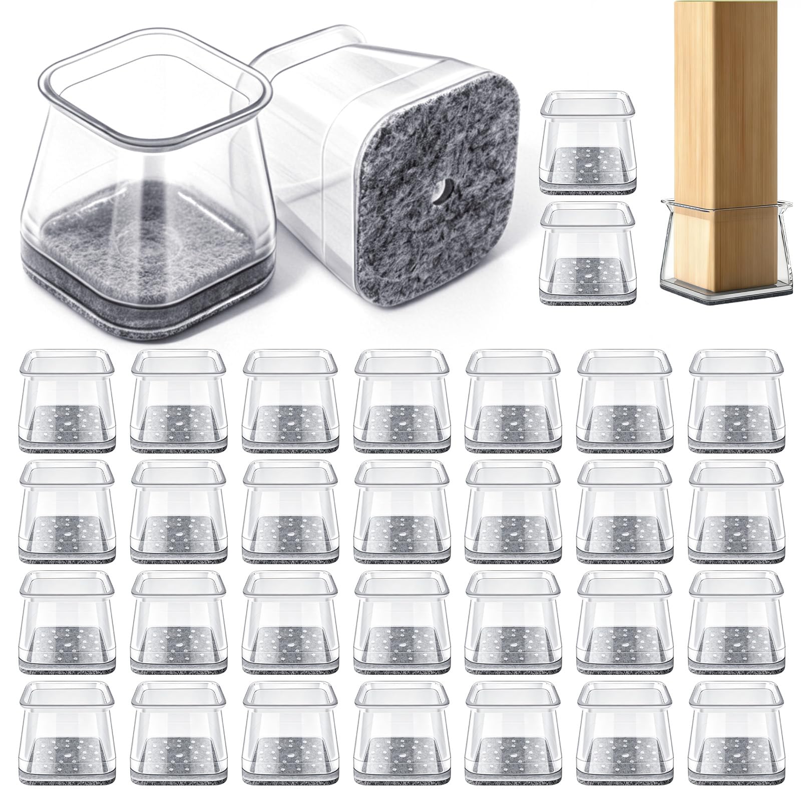 Chair Leg Floor Protectors Square, 32Pcs Square Chair Leg Floor Protectors, 3.7 x 3.6 x 3.2cm Furniture Feet Protector Pads for Hardwood Floors Anti-Scratch Reduce Noise (Fit:27-36mm)