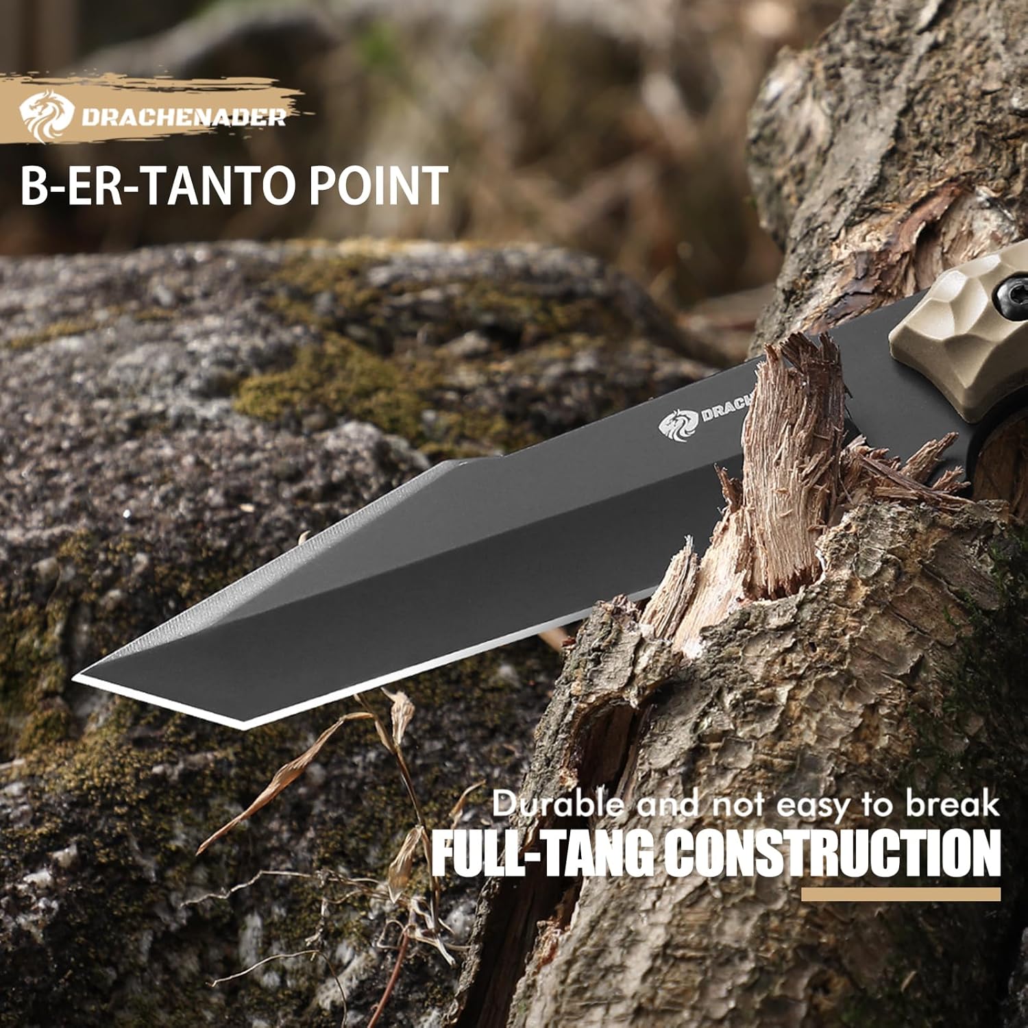 DRACHENADER B-ER-TANTO POINT Fixed Blade Tanto Knife with Sheath, 5cr14mov Steel, 9.29" Tactical Knife for Men with Full Tang Design, Khaki