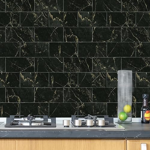 Miniatura 9 de URCOLOR Azulejos de pared de 32 piezas para despegar y pegar, 4 x 8 pulgadas, PVC negro brillante mármol palo en azulejos de metro para cocina,