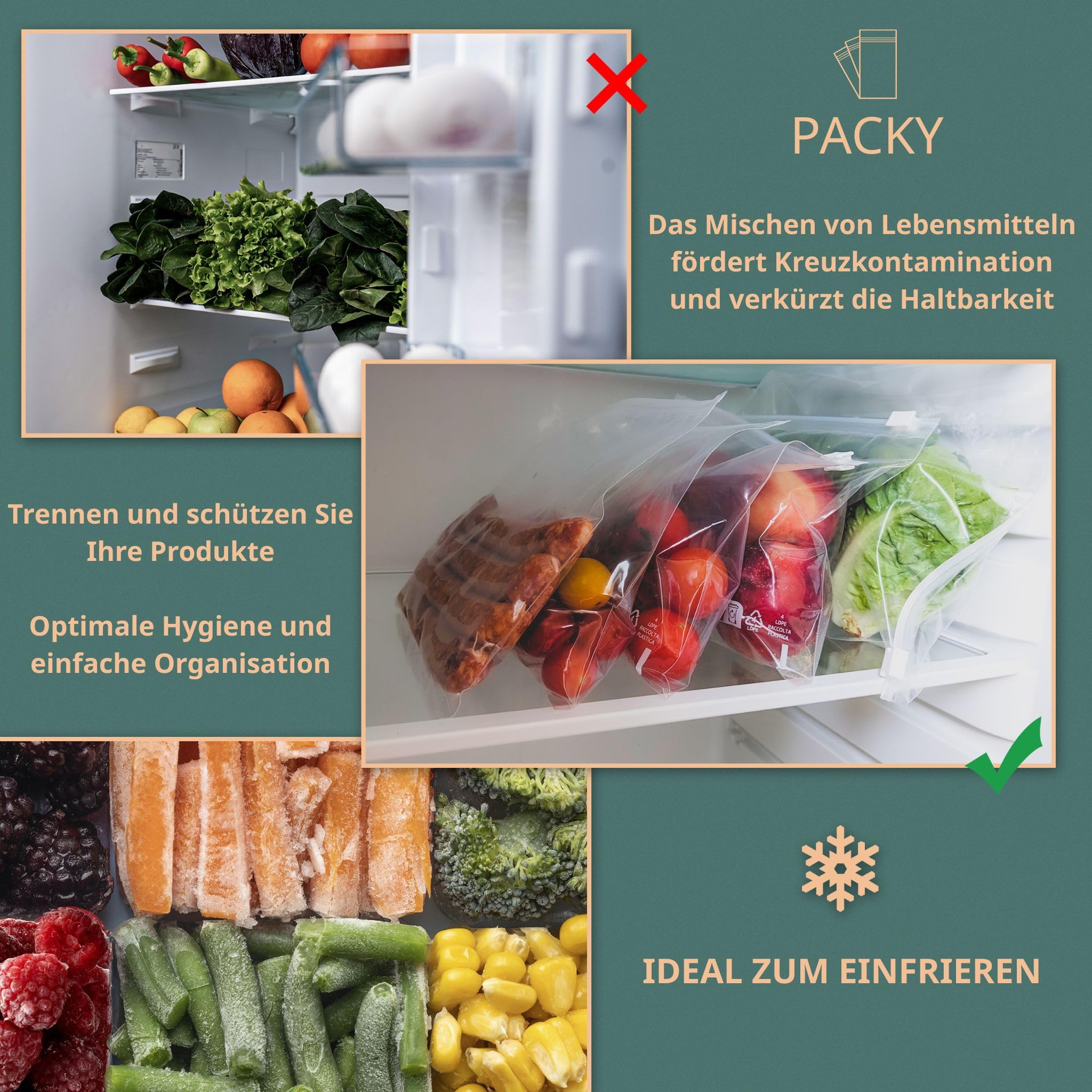 PACKY - Gefrierbeutel 40x30 cm 250 Stück - Reißverschluss Beutel Zip - Frischhaltung | Dicht Verschluss
