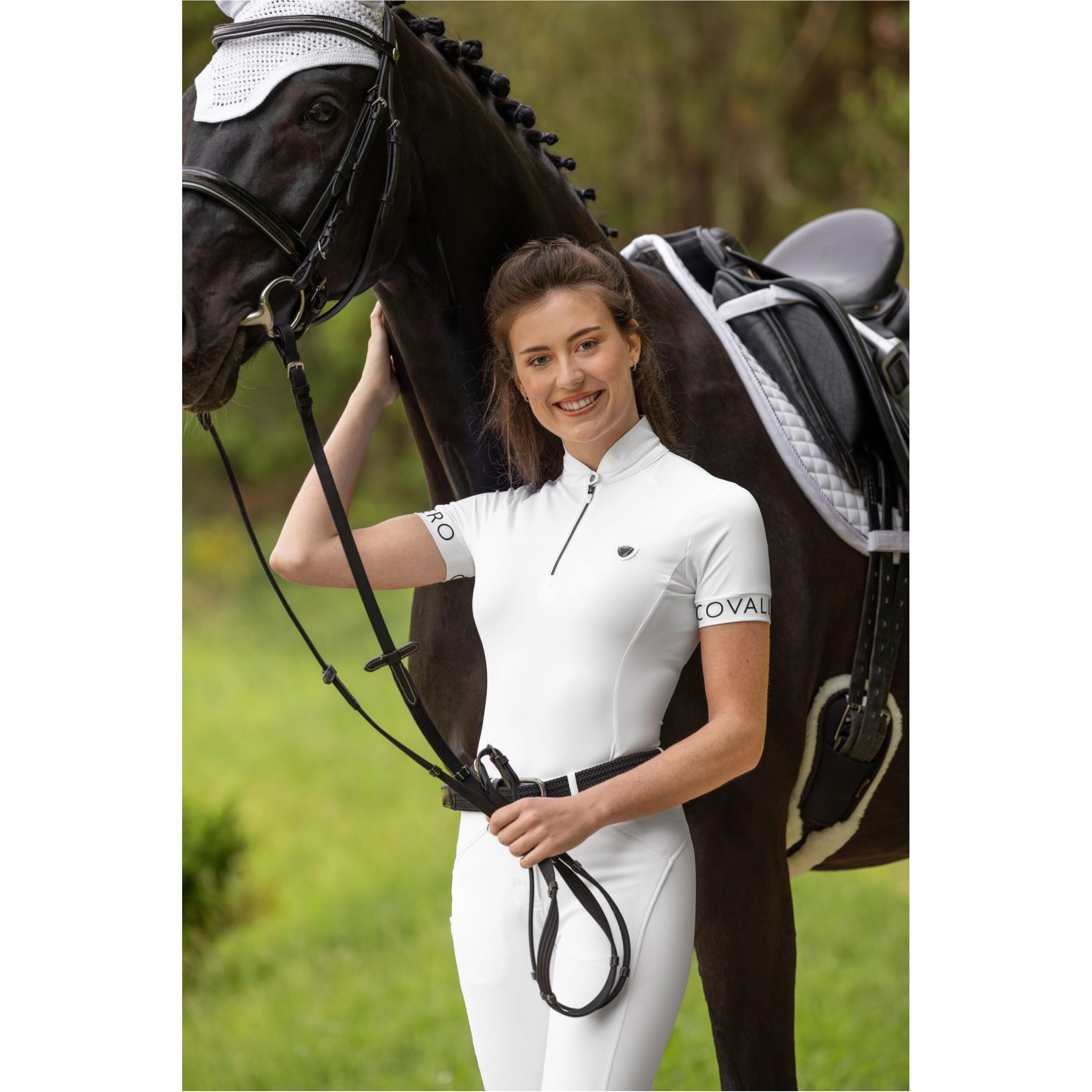 Covalliero - Damen Turniershirt Competition – Kurzarmshirt mit Stehkragen – Reitshirt aus Piquéstoff – Sportshirt mit tailliertem Schnitt – Reitbekleidung in Weiß