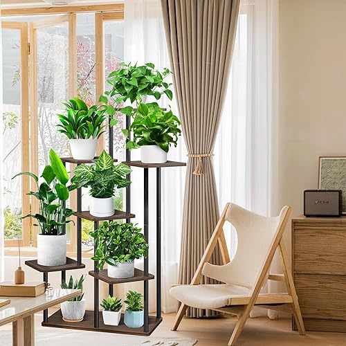 Miniatura 5 de Soporte alto de madera para plantas de 7 niveles, estante de metal para interiores, múltiples estantes para macetas, estante de esquina, estante de