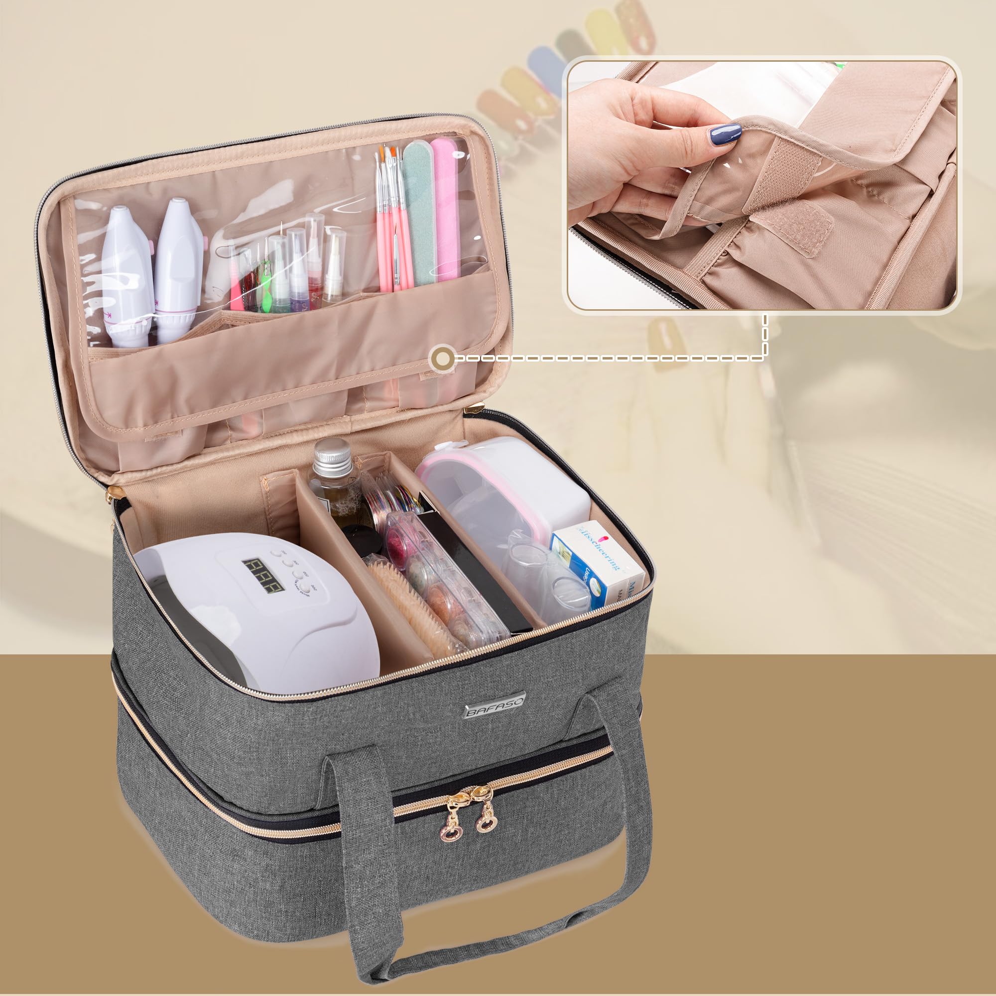 BAFASO Organizador Esmaltes de Uñas para 40 Botellas y Lámpara, Gris | Estuche Esmalte de Uñas, Bolsa para Esmalte de Uñas (Solo Bolsa), y Lámpara Secadora de Uñas, 15ml - 0.5 FL.oz