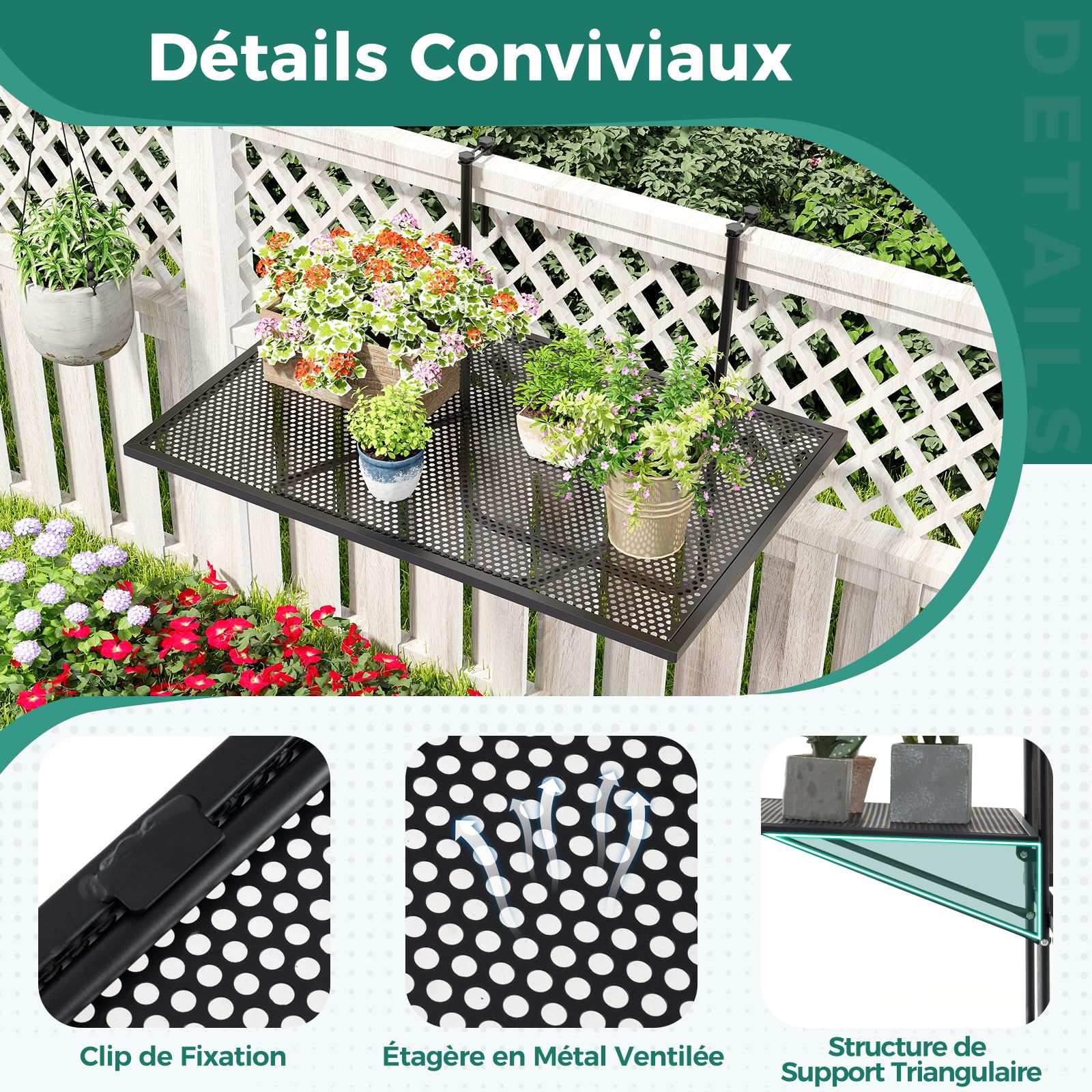 GOPLUS Table de Balcon Suspendue avec Crochets Réglables, Table Balcon Pliante en Métal Extérieure, Support de Plantes Mural, Polyvalent pour Terrasse, Charge 23KG, 60,5 X 40,5 CM, Noir