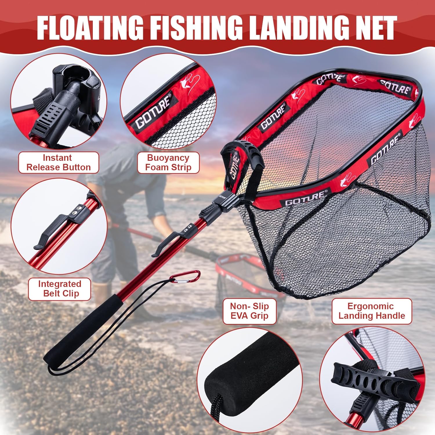 Goture Floating Fishing Net with Assist Handle, Aluminum Alloy Fixed or Telescoping Pole Handle, PVC Coated Nylon Mesh, Foldable Fish Landing Net, Carry Bag for Kayak, Fly, Bass, Trout Fishing