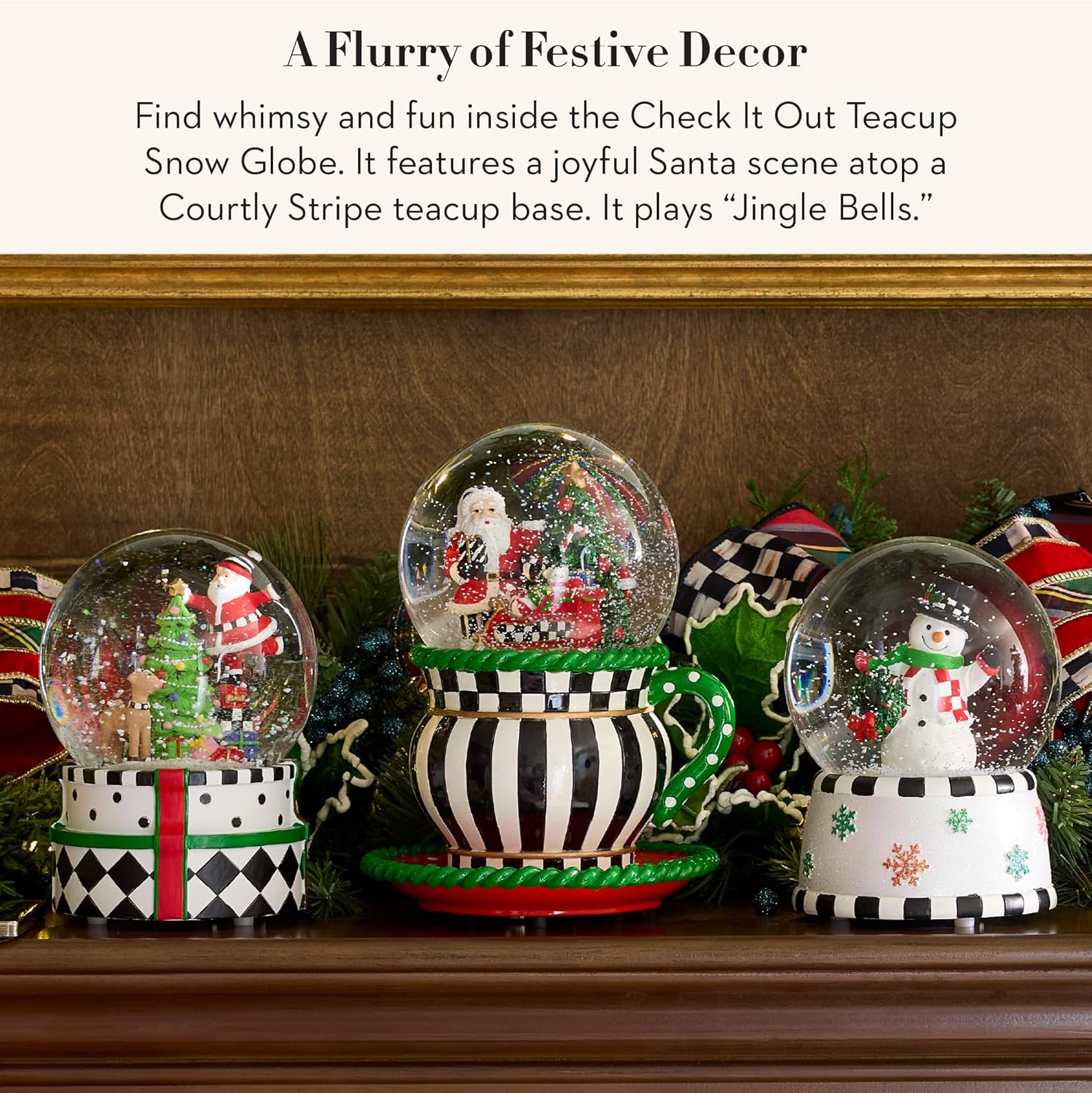 MACKENZIE CHILDS Snow Globe, Christmas Decor for Living Room, Check It Out Teacup
