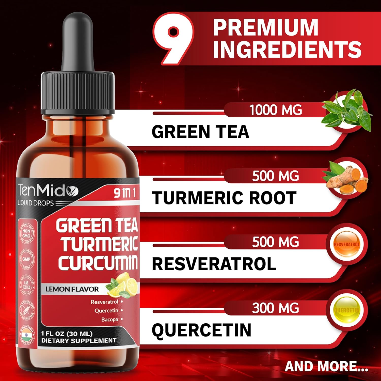 Green Tea Extract Liquid Drops - 9in1 with Turmeric Curcumin, Resveratrol, Quercetin, Bacopa, Panax Ginseng, L-Theanine, Pomegranate and Black Pepper - 30ml 1 Fl Oz