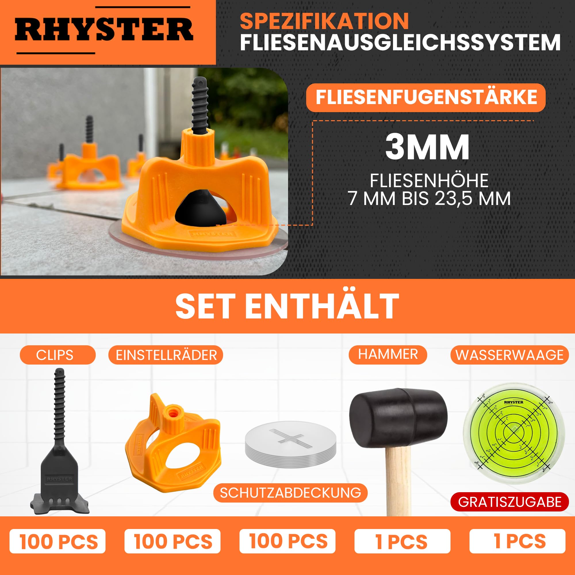 Nivelliersystem 3 mm – Starterpaket – 302 Stück – Fliesenverlegung | 100 Clips + 100 Scheiben + 100 Schutzvorrichtungen + Hammer + Wasserwaage gratis.