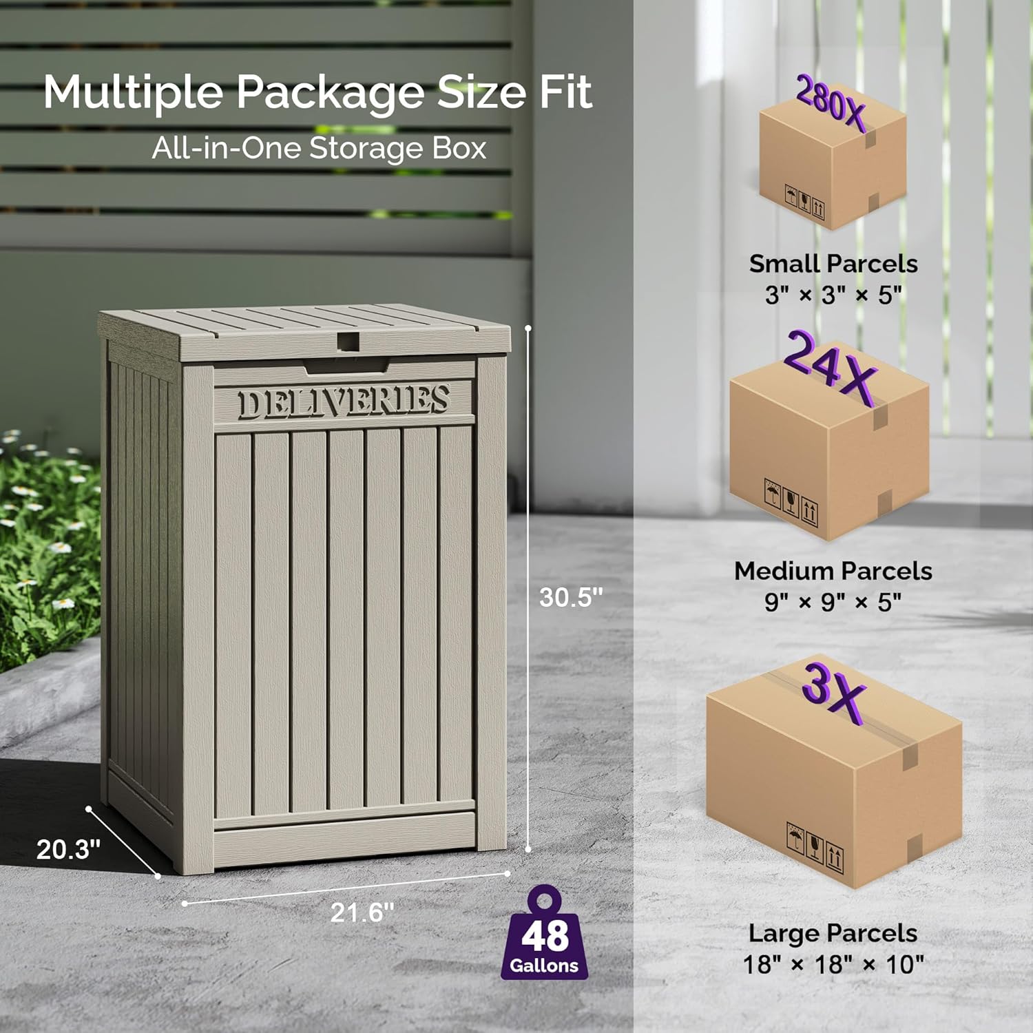 Sersper 48 Gallon Package Delivery Box for Outside, Outdoor Resin Deck Box with Lockable Secure, Weatherproof and UV Resistant, Grey