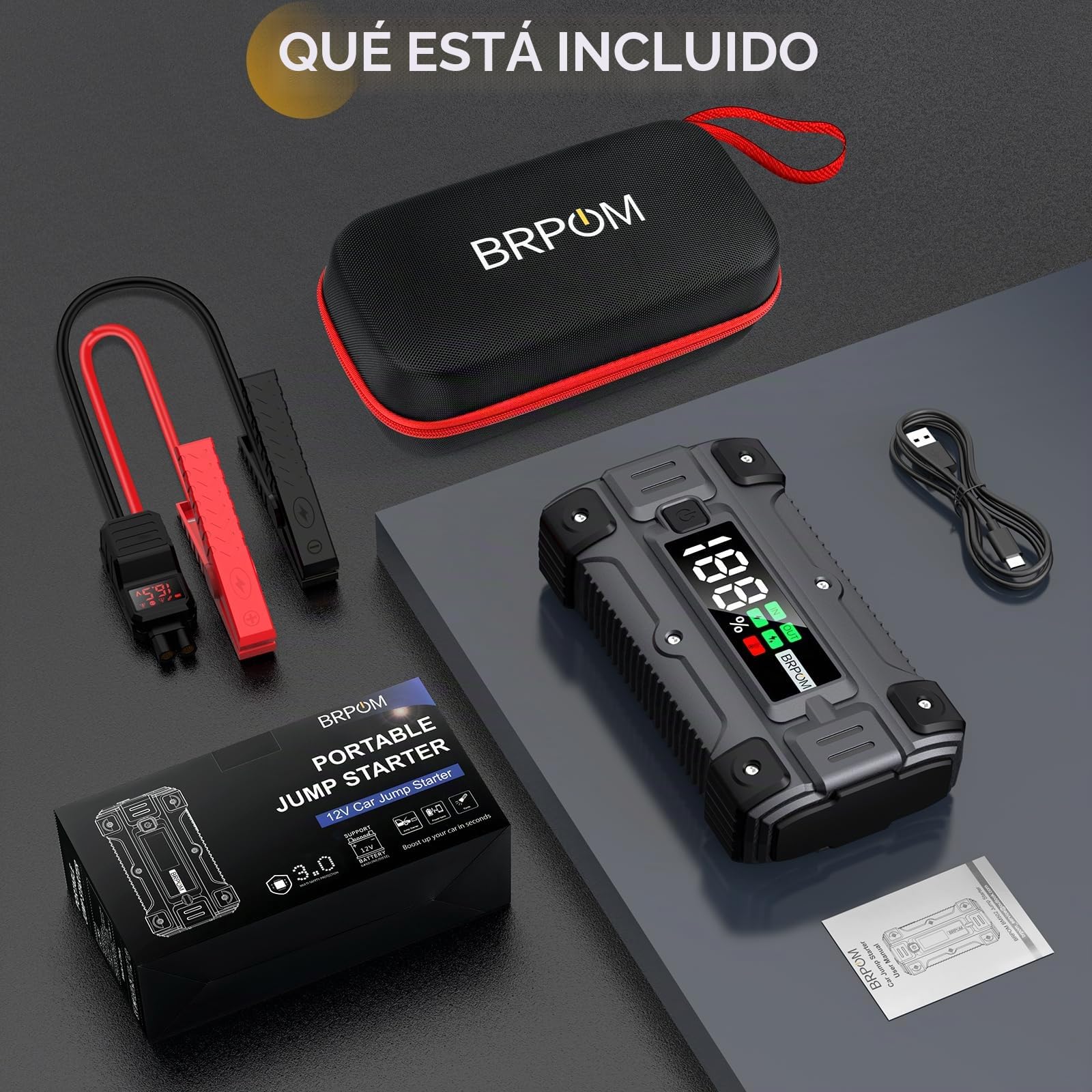 BRPOM Arrancador de coche, 6000A de pico 26800mAh (hasta todos los motores de gasolina o 10 L de diésel, 50 veces) Cargador de batería de refuerzo automático de 12V con caja de arranque rápida y