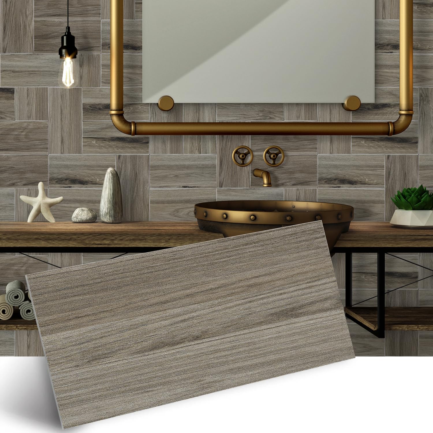 Alwayspon 32PcsX4inchX8inch Wood Effect Vinyl Wall Tile Transfers Sticker, Peel and Stick Self-Adhesive Splashback, Foaming Sticky Back Stick On Tile Decals Sticker for Kitchen Bathroom Wall