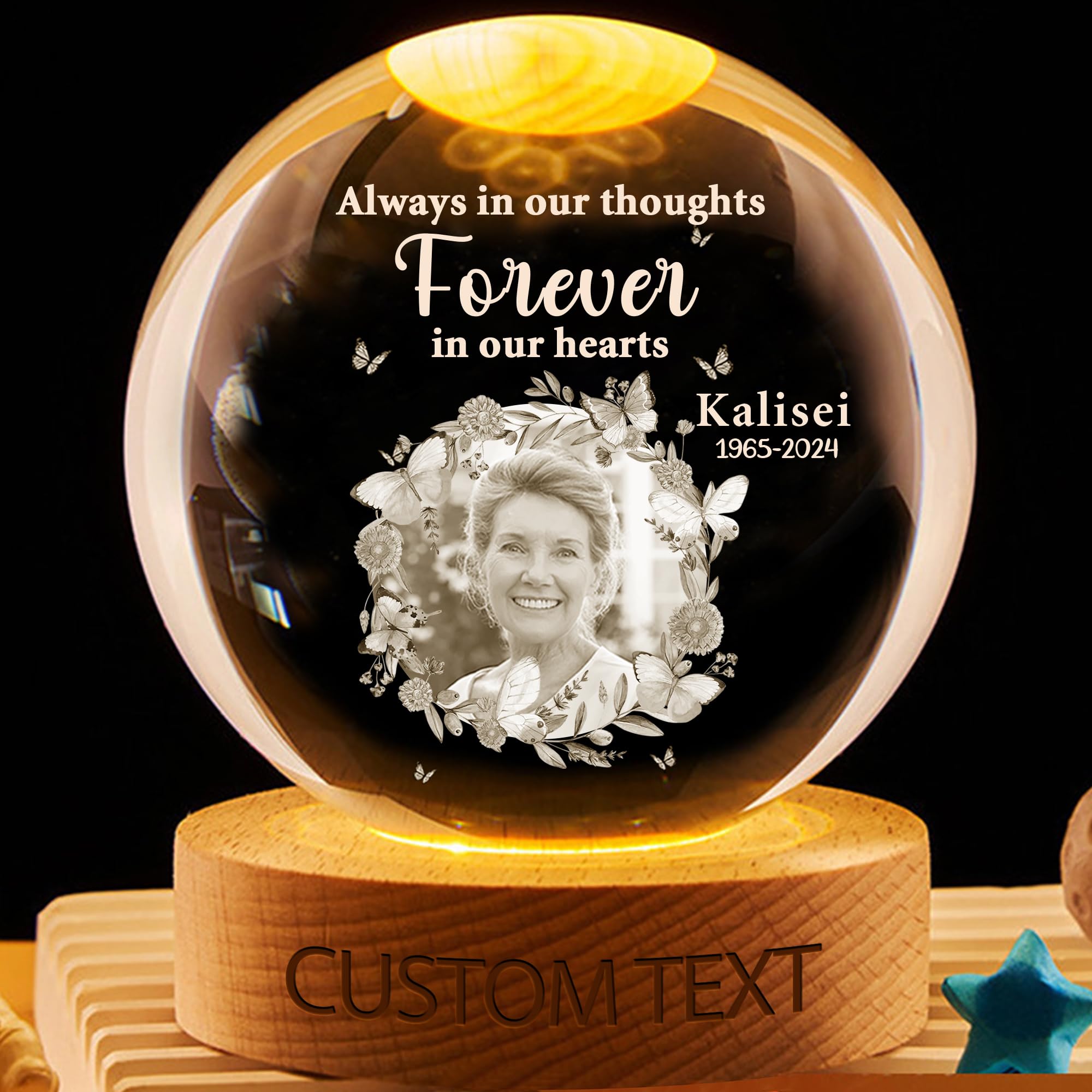 Personalized Crystal Globe Lamp Memorial Keepsake - Custom Photo & Name Night Light Always in our thoughts Sympathy Gift for Family Mom Dad, Home Decor Snow Globe for Christmas Birthday