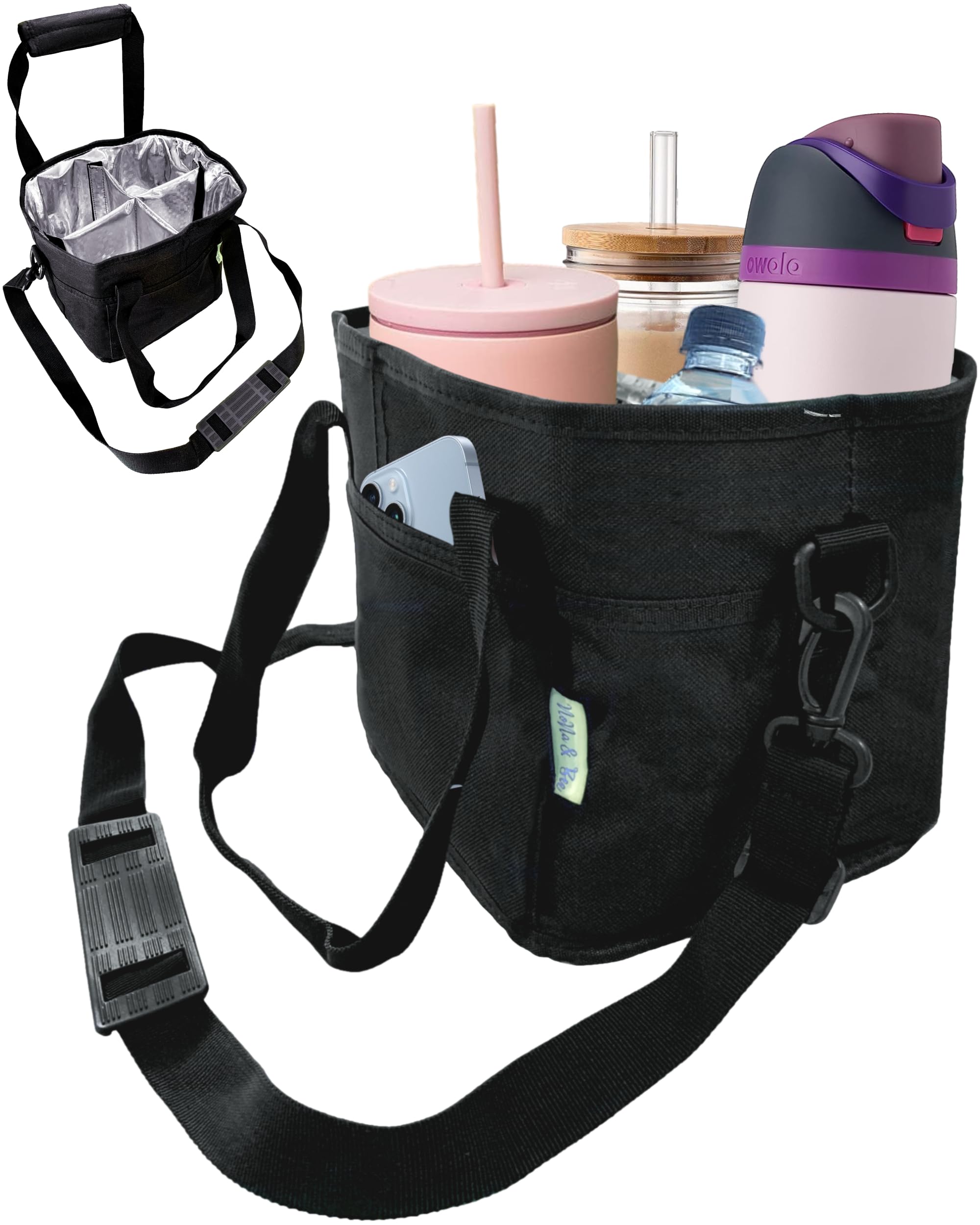 NoNa & Bee4 Water Bottle Holder with Strap | Family Size 4 Compartment Drink Bag, Multiple Tumbler Carrier Caddy | Adjustable Fits Large & Small Drinks | Hands Free, Won't Tip Over in Car