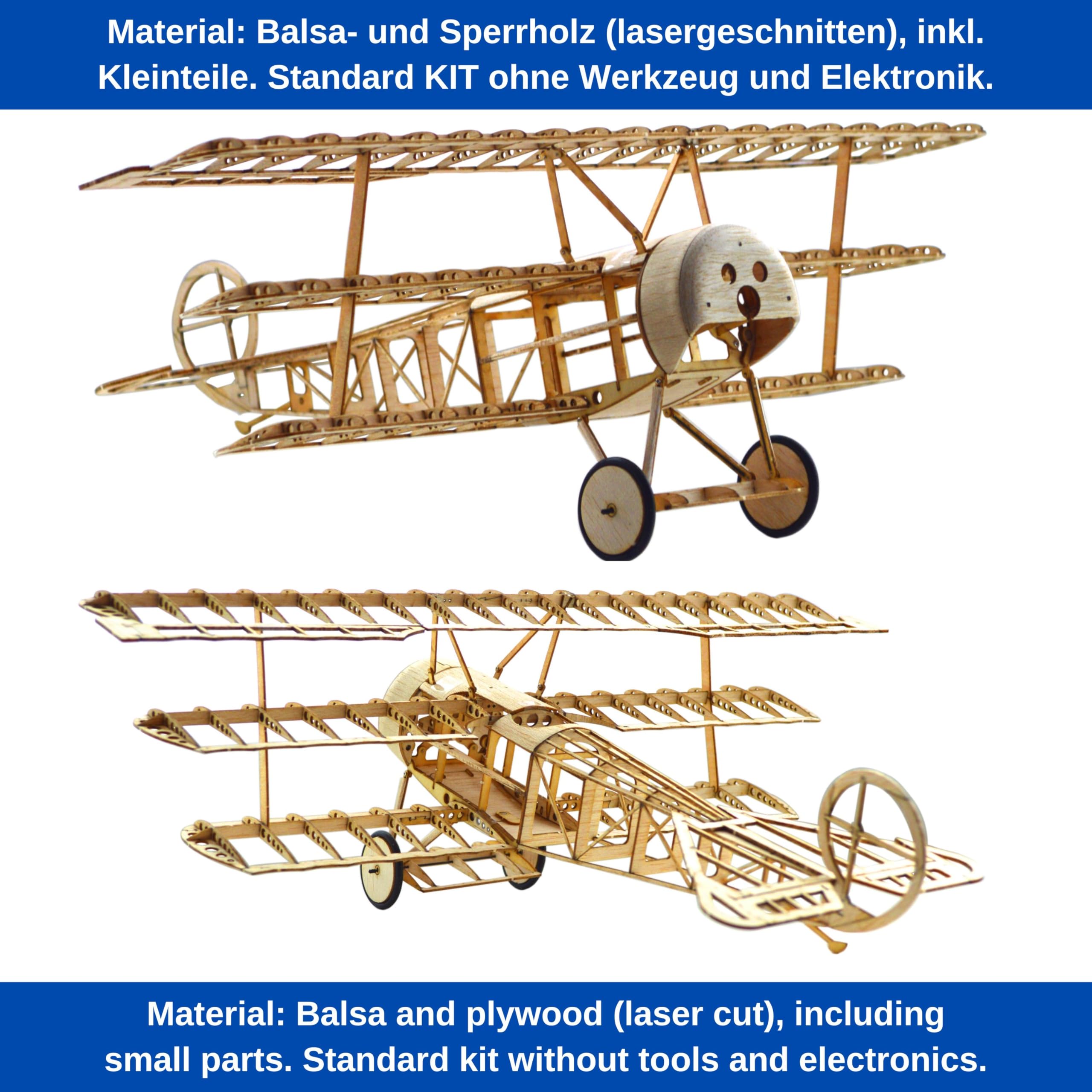 Fokker Dr.1 Slow Flyer Modellflugzeug Kit, Maßstab 1:20, 358 mm Spannweite, RC Flugzeugmodell Baukasten, Modell Flugzeug zum selbst Bauen, gelaserte Balsa Holz Bauteile, 358 x 280 x 135 mm, 48 g RTF