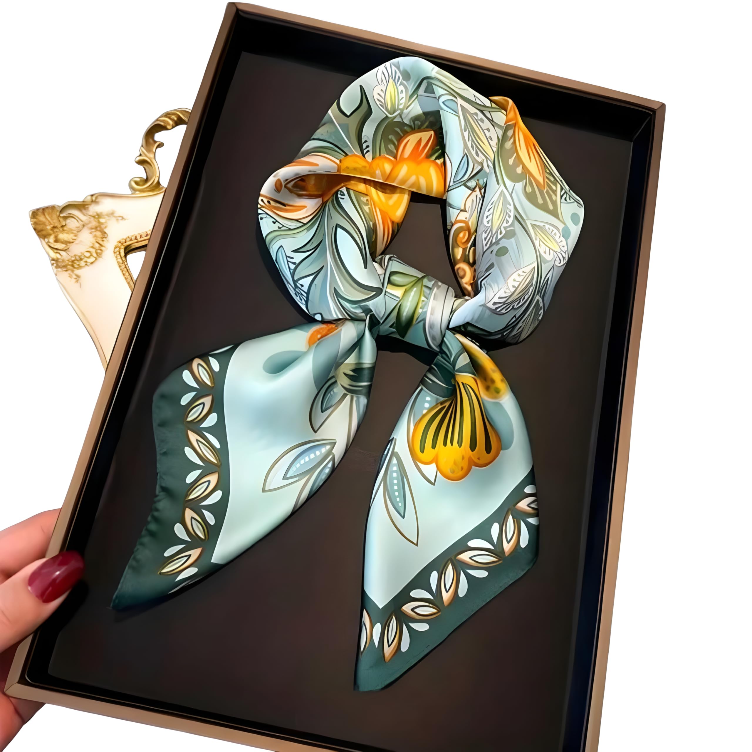 Silk Scarf with Floral Print, Green and Orange, Luxury Square Neck Scarf, Gift Box Packaging