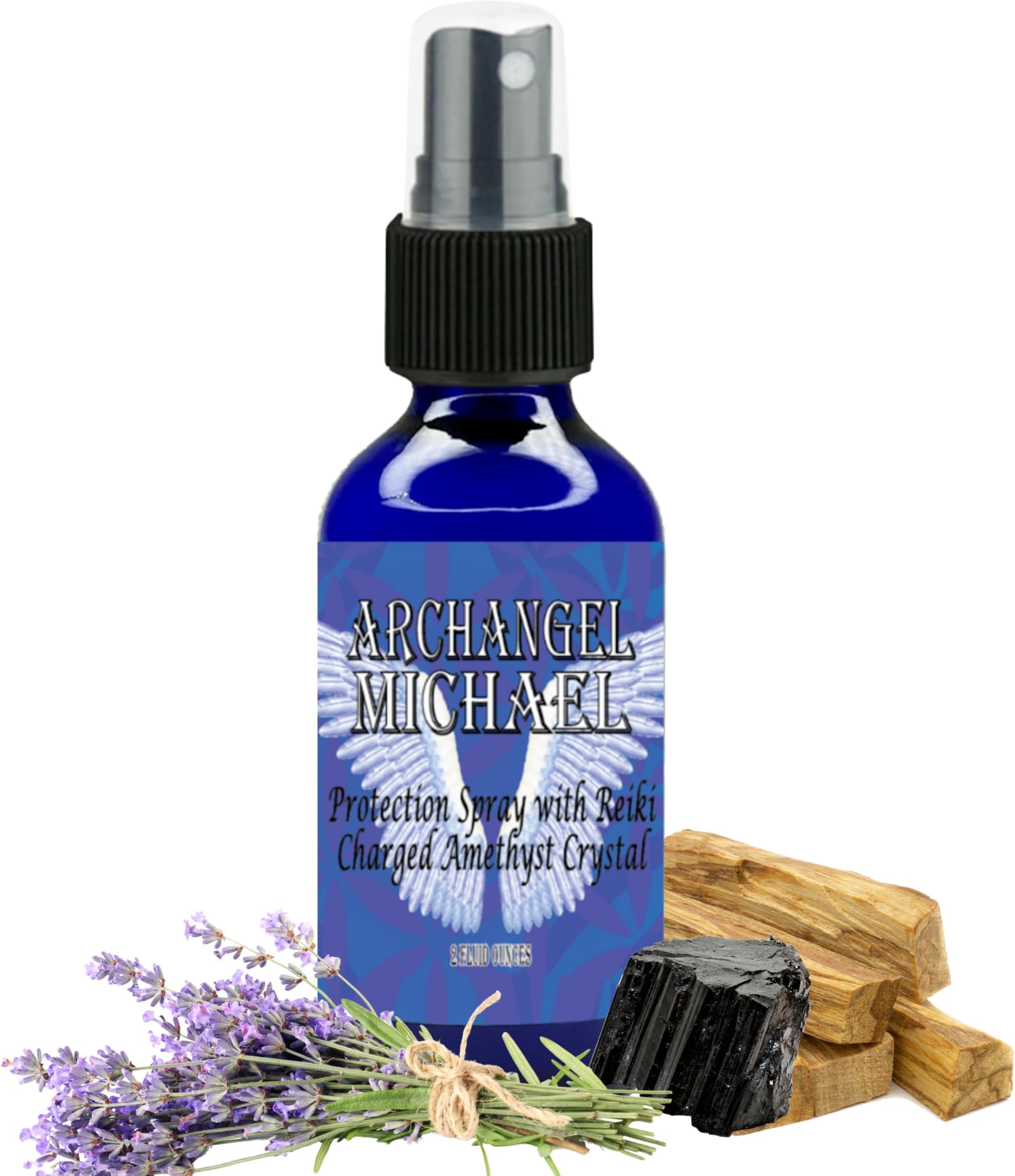 Archangel Michael Sacred Spray with Reiki Charged Amethyst Crystal (2 oz) - High Frequency Essential Oil Blend Includes Palo Santo, Angelica & Blue Cypress in Glass Bottle